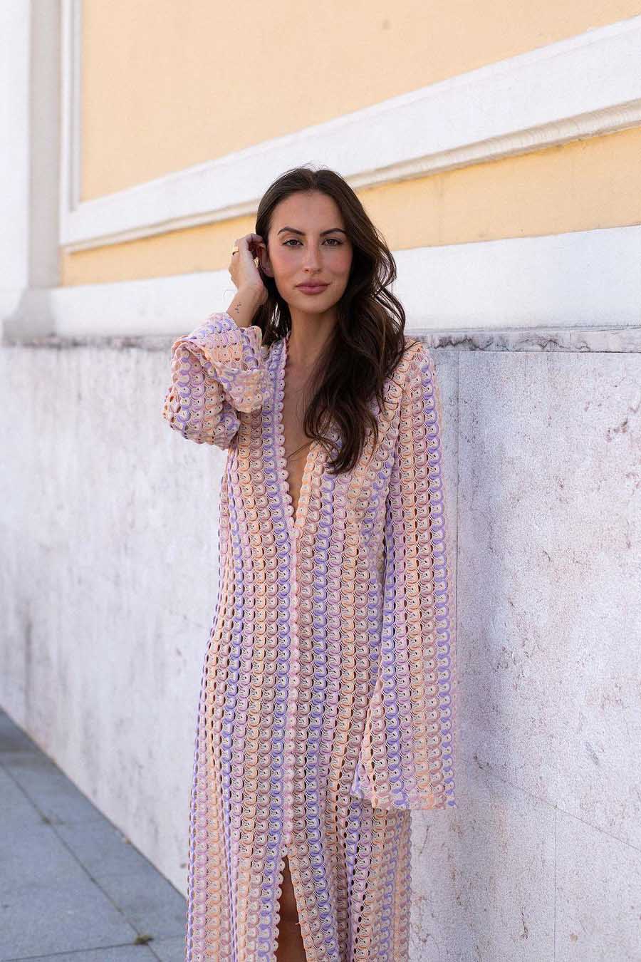 Pilar® | Boho V-Neck Bell Sleeve Maxi Dress, Wavy Striped Crochet Beach Holiday Maxi Dress - Image 26