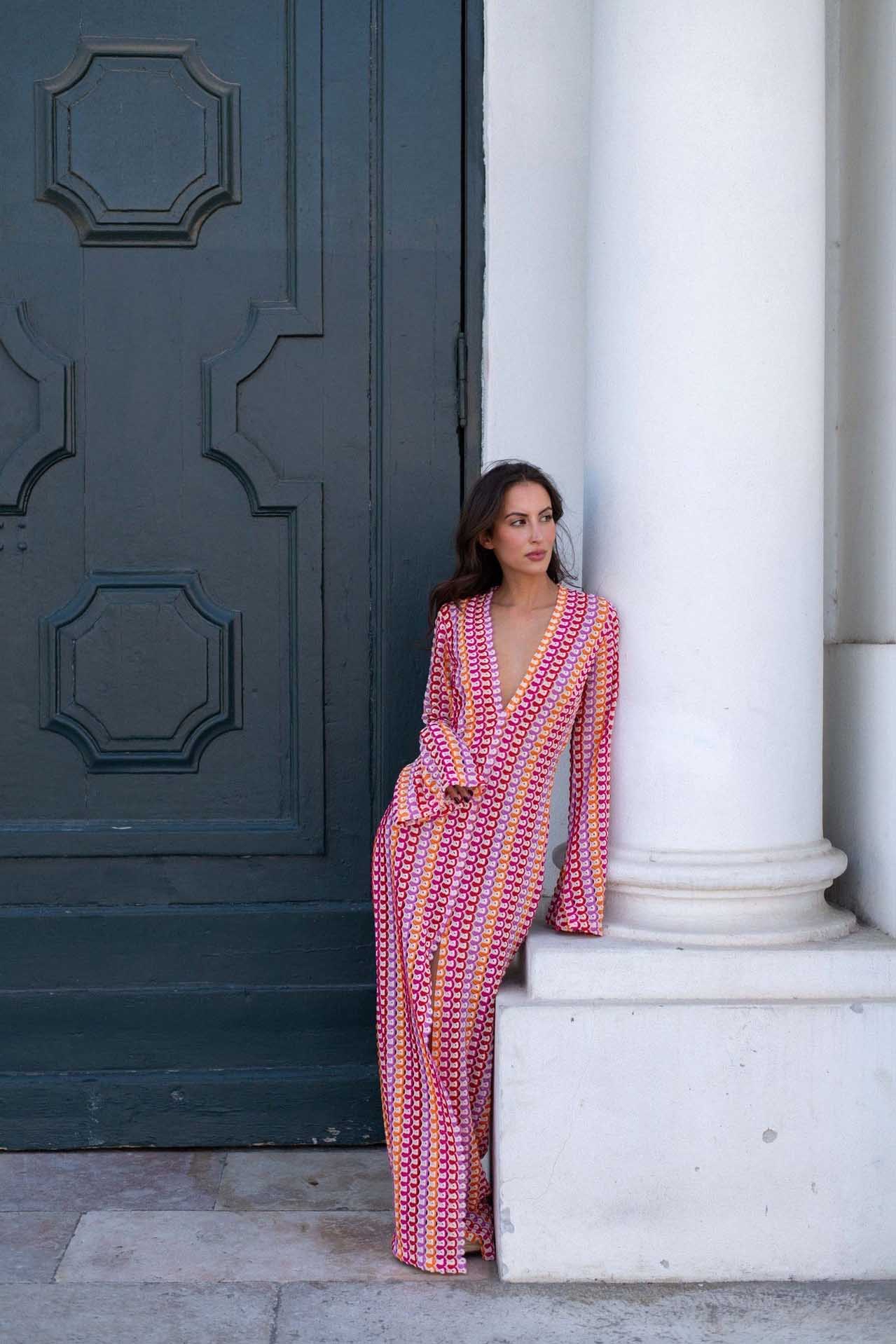 Pilar® | Boho V-Neck Bell Sleeve Maxi Dress, Wavy Striped Crochet Beach Holiday Maxi Dress - Image 27