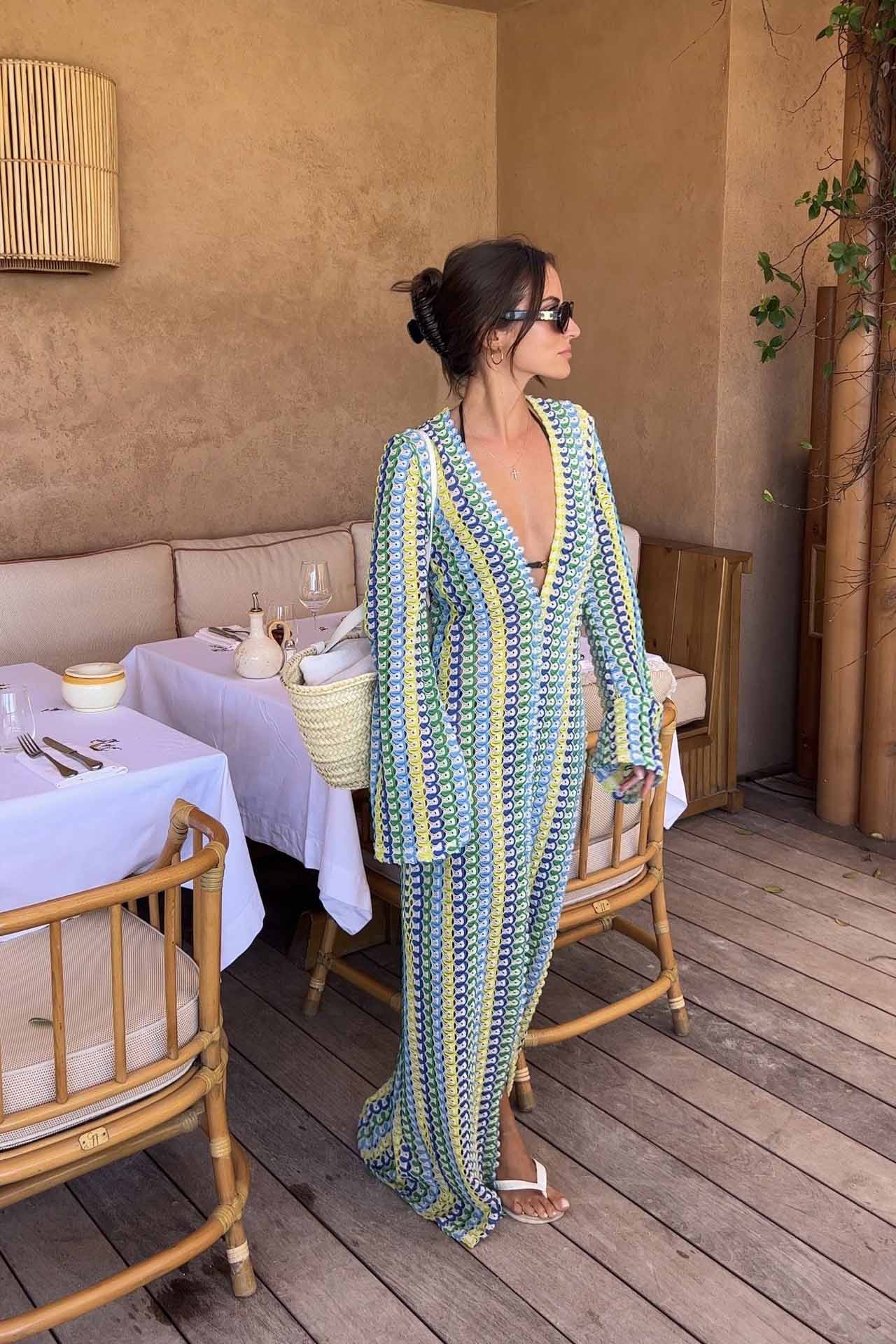 Pilar® | Boho V-Neck Bell Sleeve Maxi Dress, Wavy Striped Crochet Beach Holiday Maxi Dress - Image 3