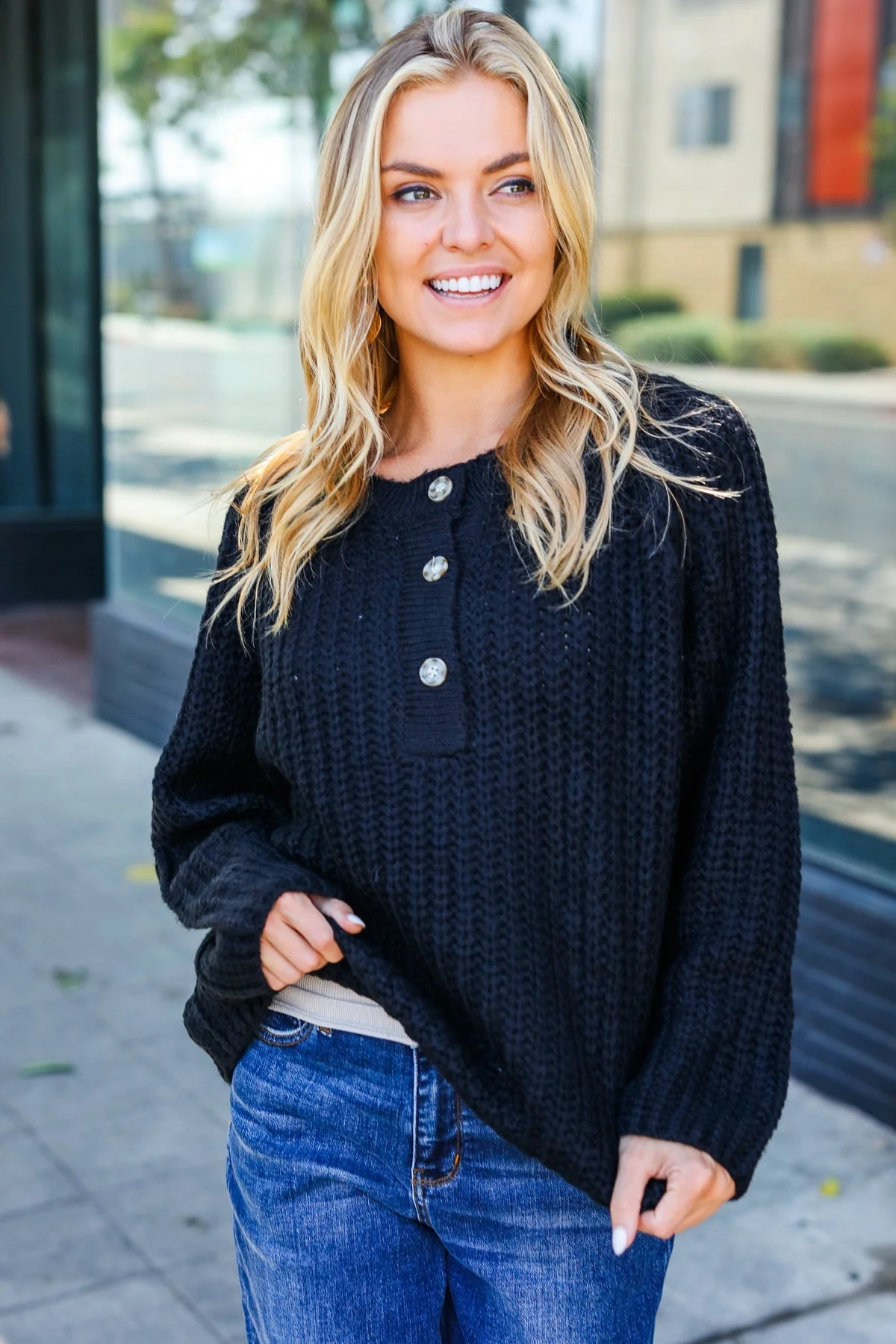 Pink | Casual Living Black Loose Knit Henley Button Jumper