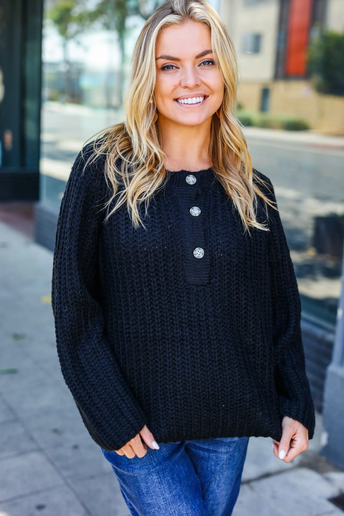 Pink | Casual Living Black Loose Knit Henley Button Jumper - Image 6