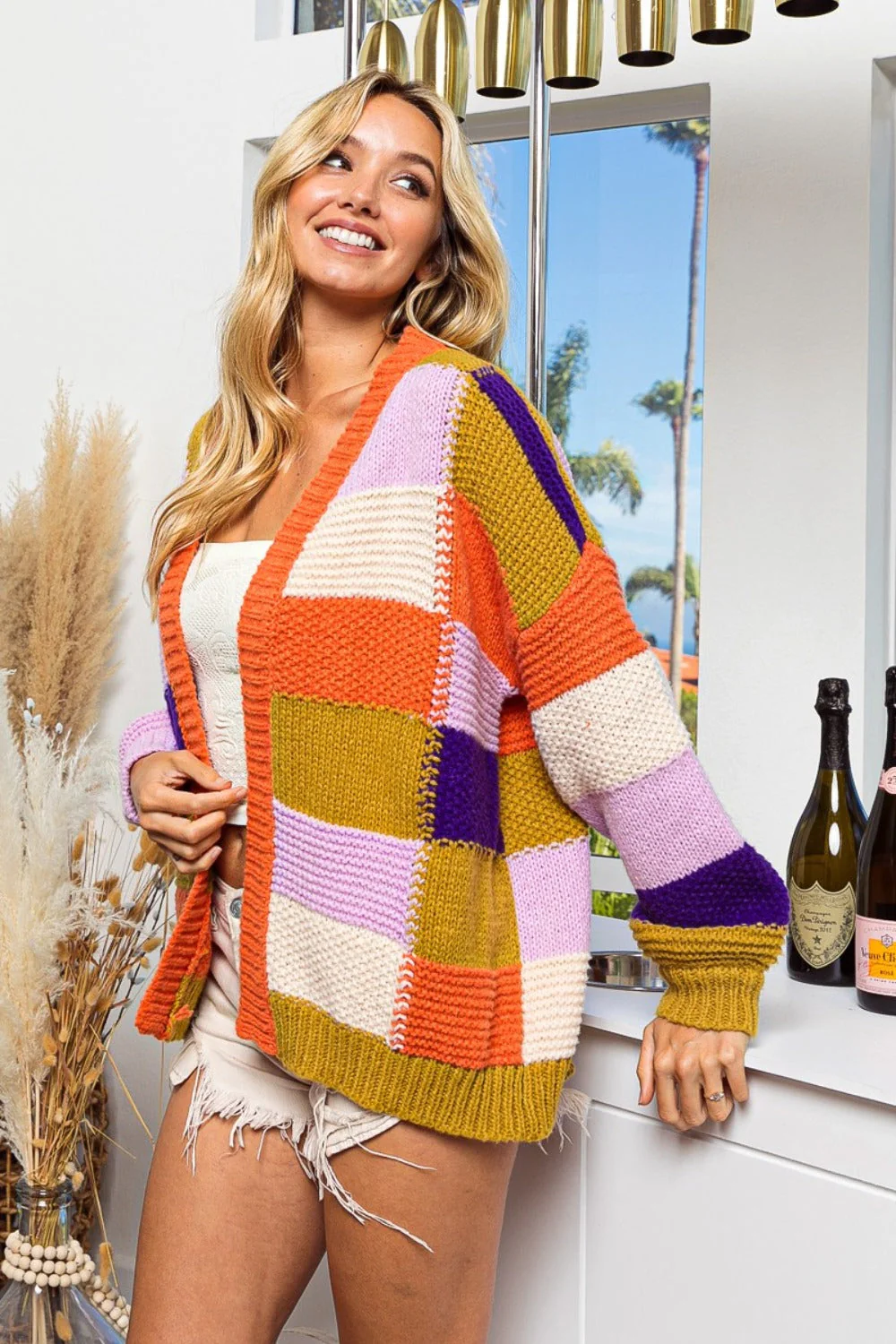 Pink | Checked color block sweater cardigan - Image 3