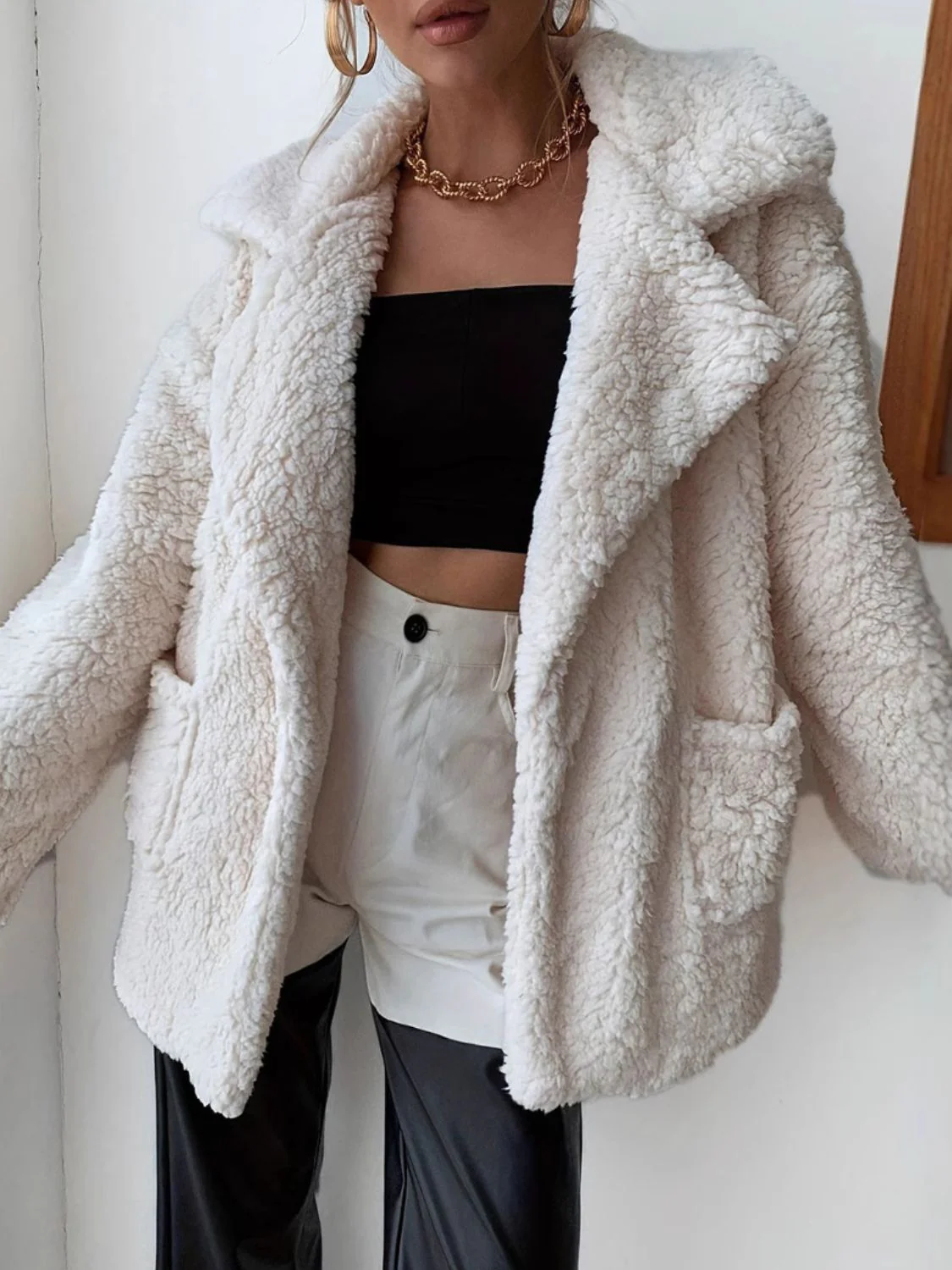 Pink | Fluffy, long-sleeved coat with an open front - Image 3