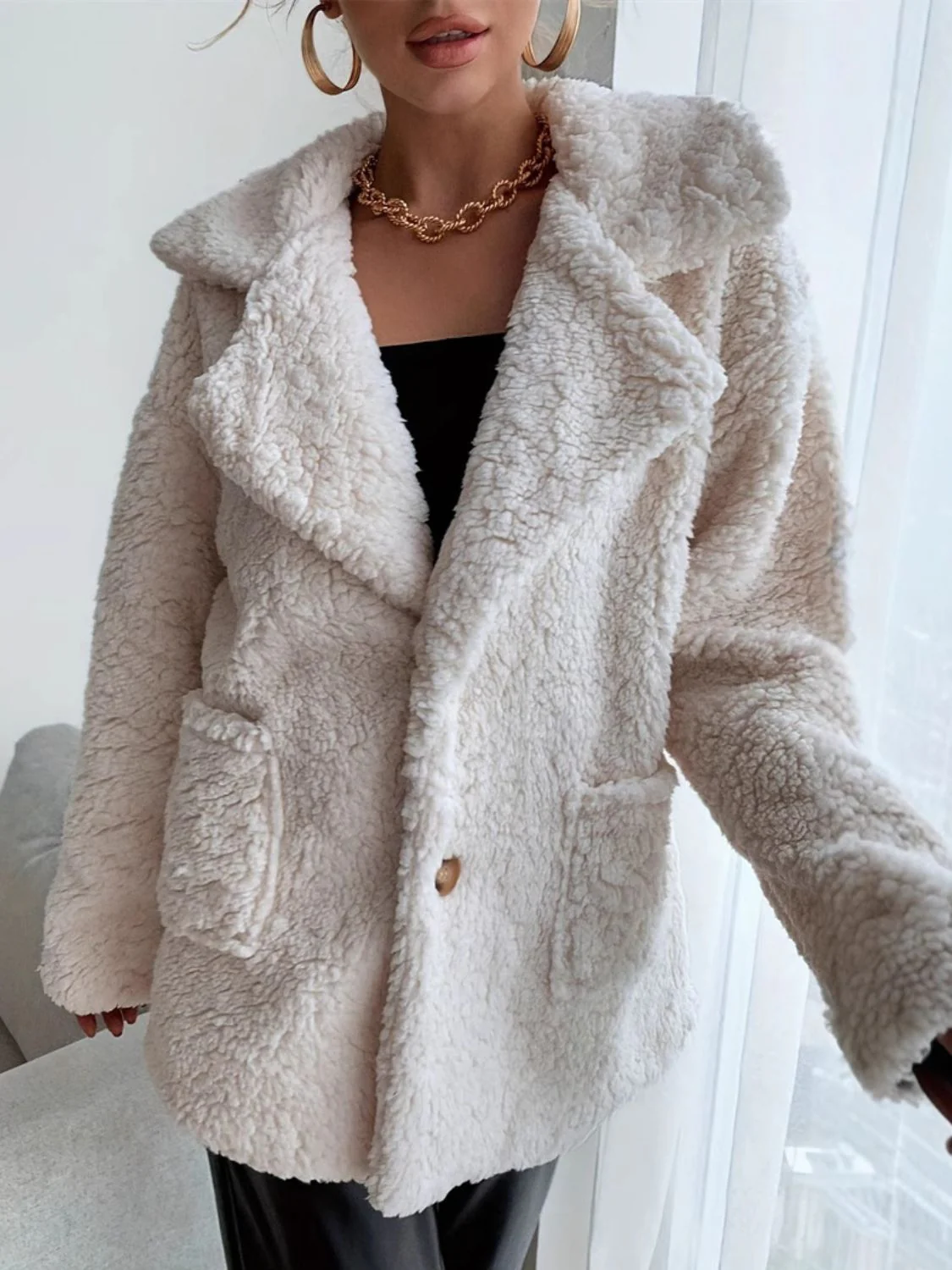 Pink | Fluffy, long-sleeved coat with an open front - Image 4