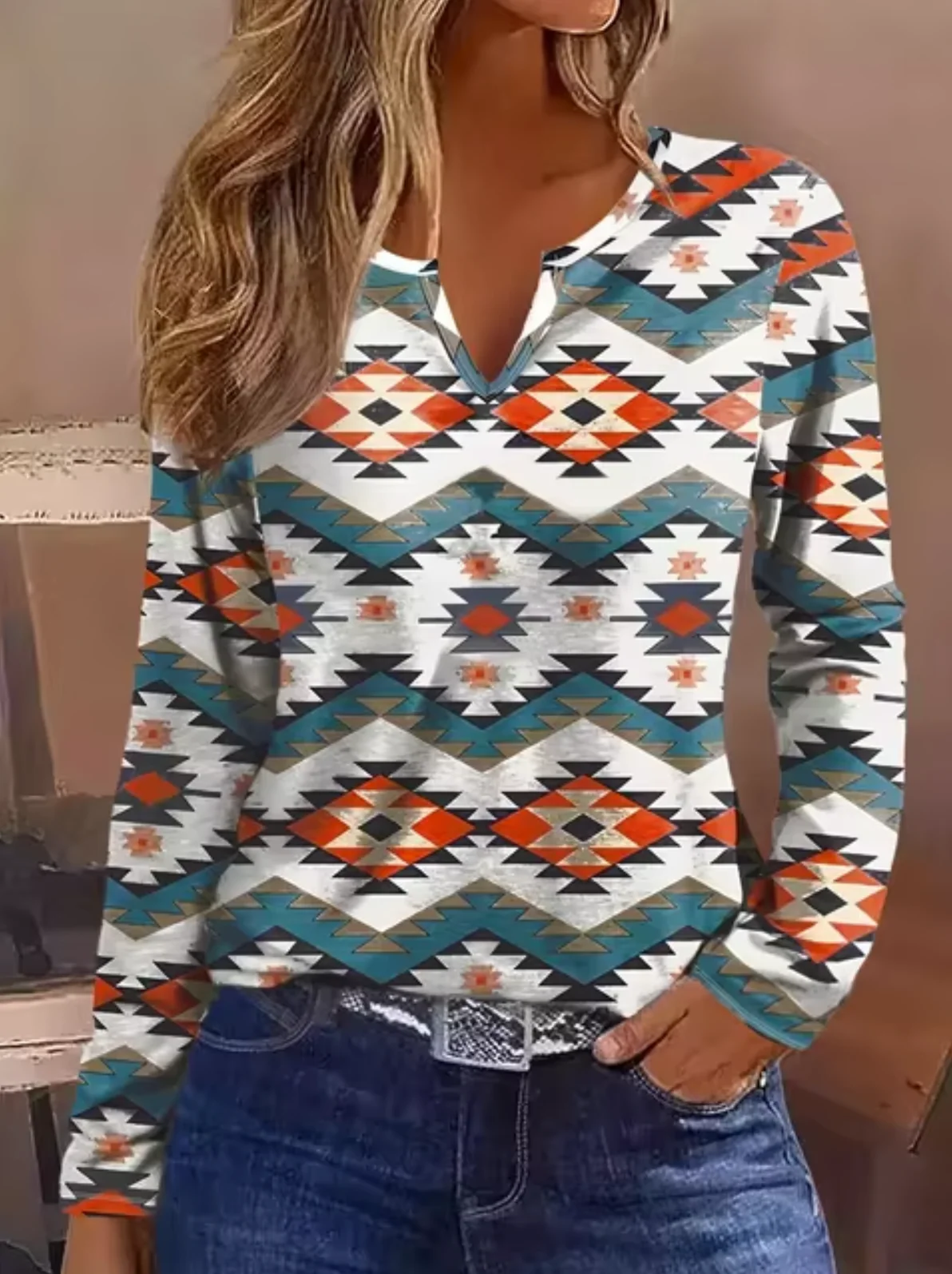 Pink | Long-sleeved cotton T-shirt with a geometric print