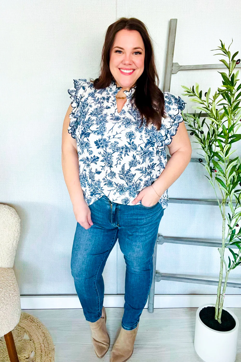 Pink® | Navy/ivory vintage vibes top with embroidered ruffle sleeves and notched neckline - Image 7