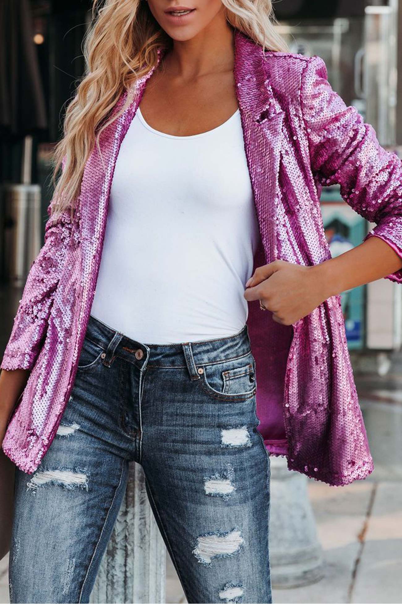 Pink | Solid color long sleeve blazer with sequins