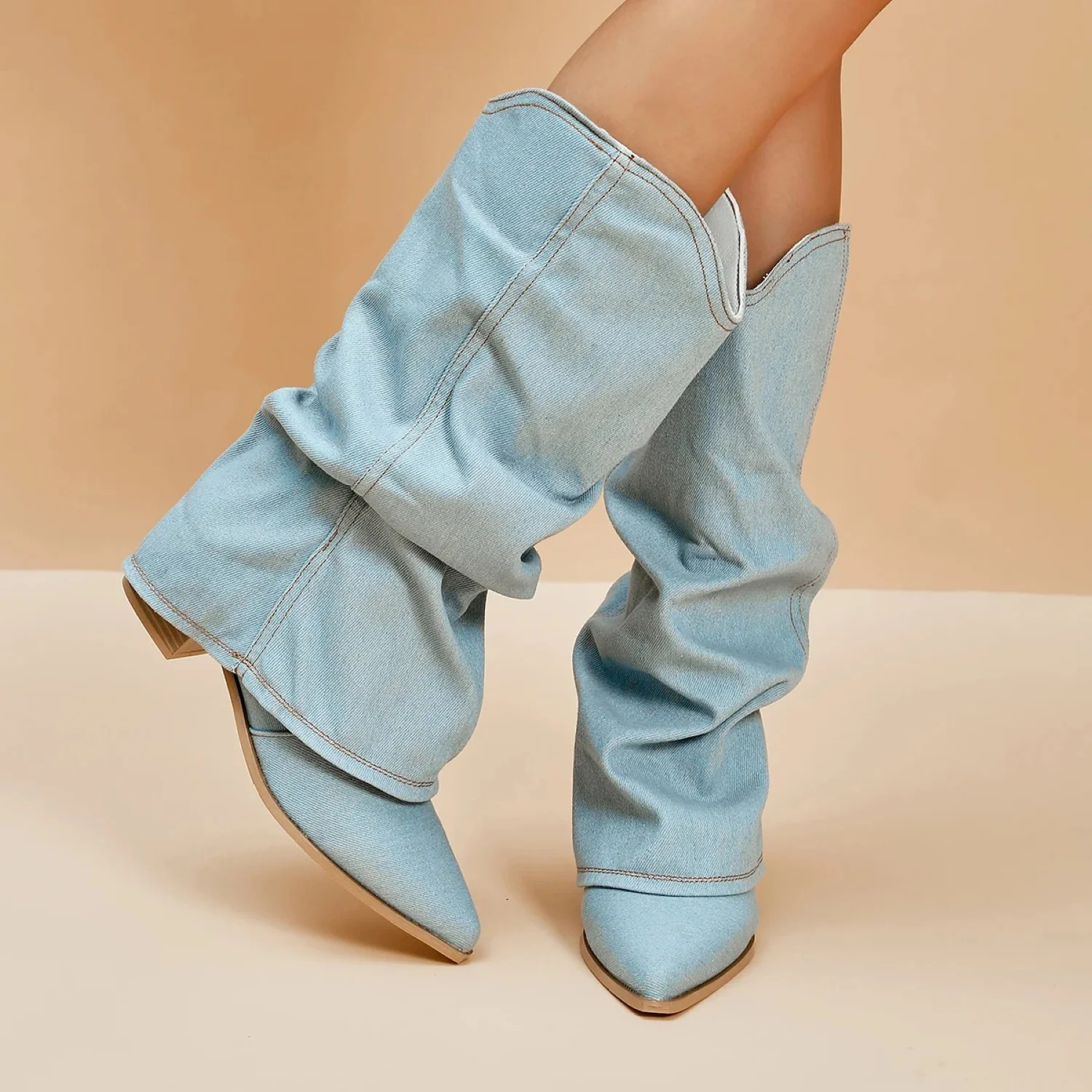 Ramona | Blue pleated toe western boots for women
