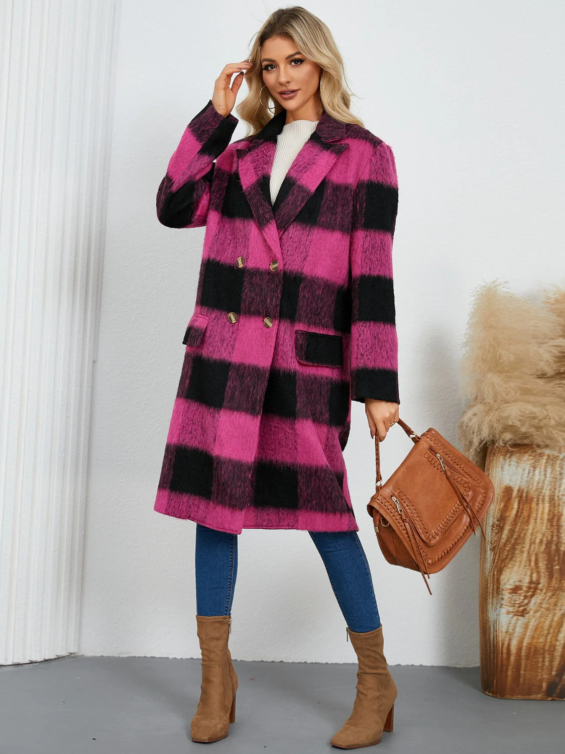 Ramona | Checked double-breasted coat with long sleeves - Image 8