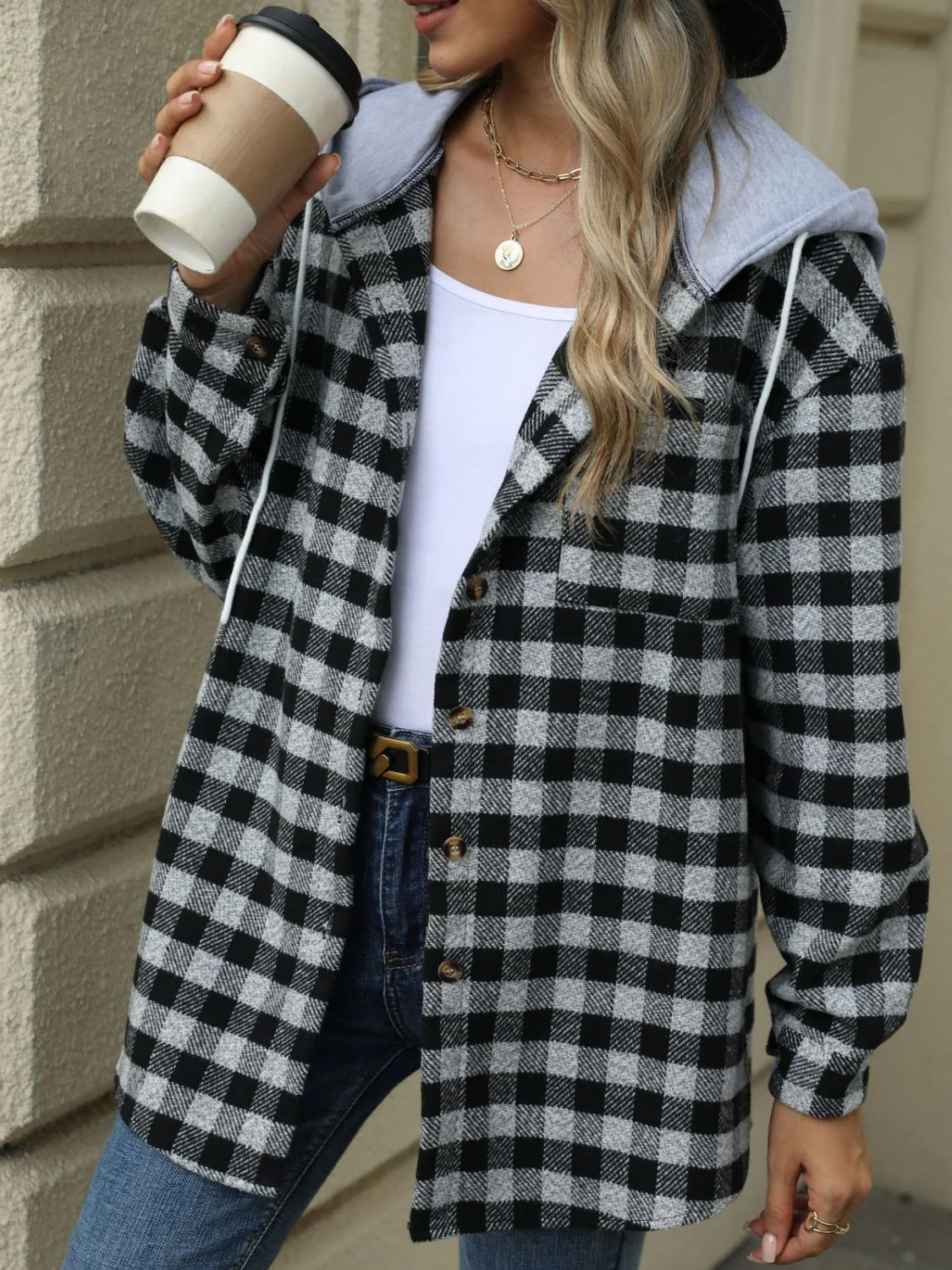 Ramona | Checked drawstring hooded jacket with long sleeves