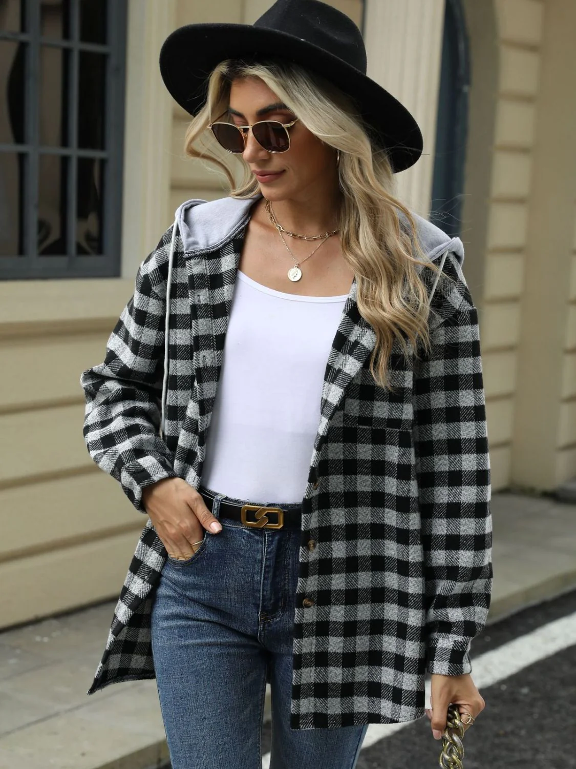 Ramona | Checked drawstring hooded jacket with long sleeves - Image 5