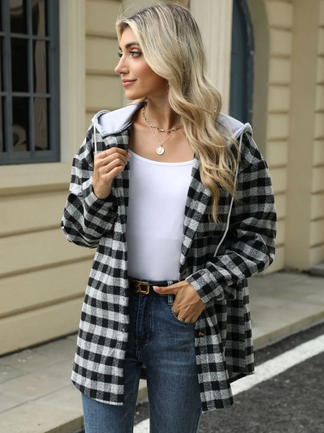 Ramona | Checked drawstring hooded jacket with long sleeves - Image 6