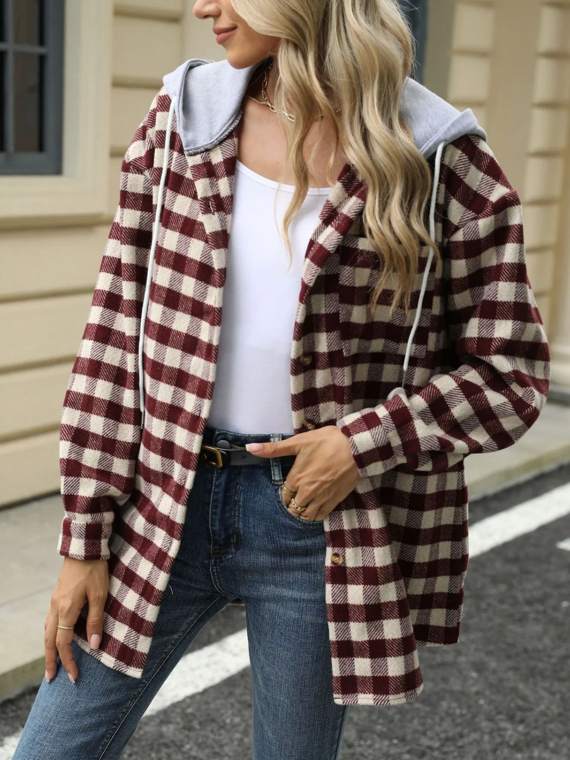 Ramona | Checked drawstring hooded jacket with long sleeves - Image 7