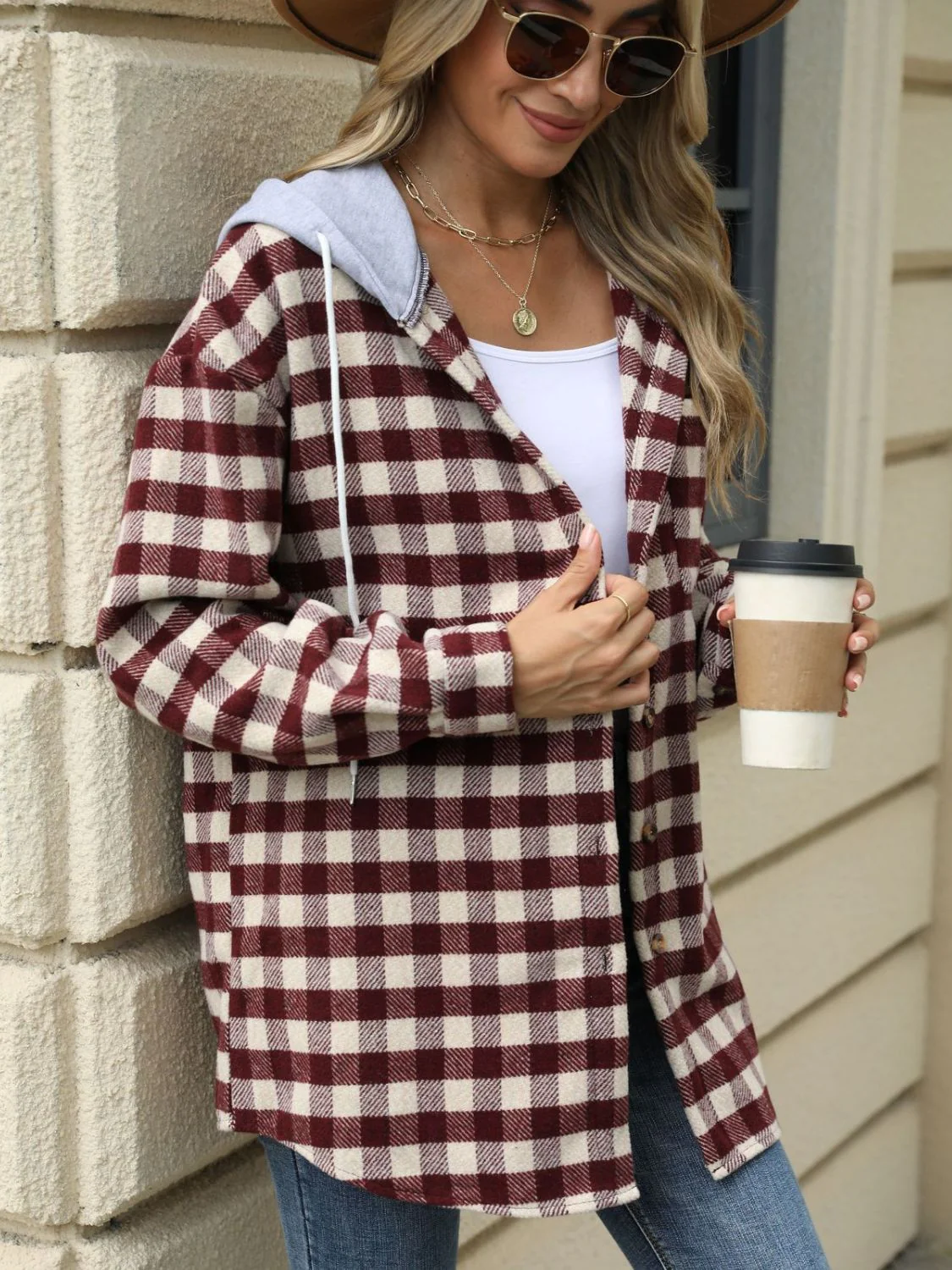 Ramona | Checked drawstring hooded jacket with long sleeves - Image 8