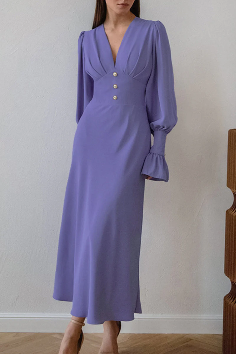 Ramona | Elegant, simple A-line dresses with plain buttons and V-neck - Image 4