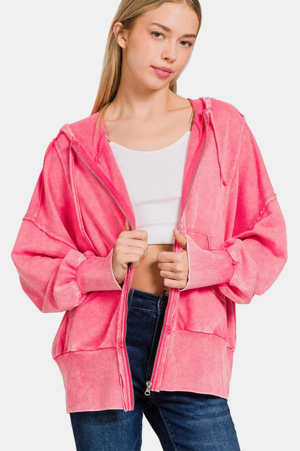 Raquel | Acid-washed French terry zip-up hoodie with pockets