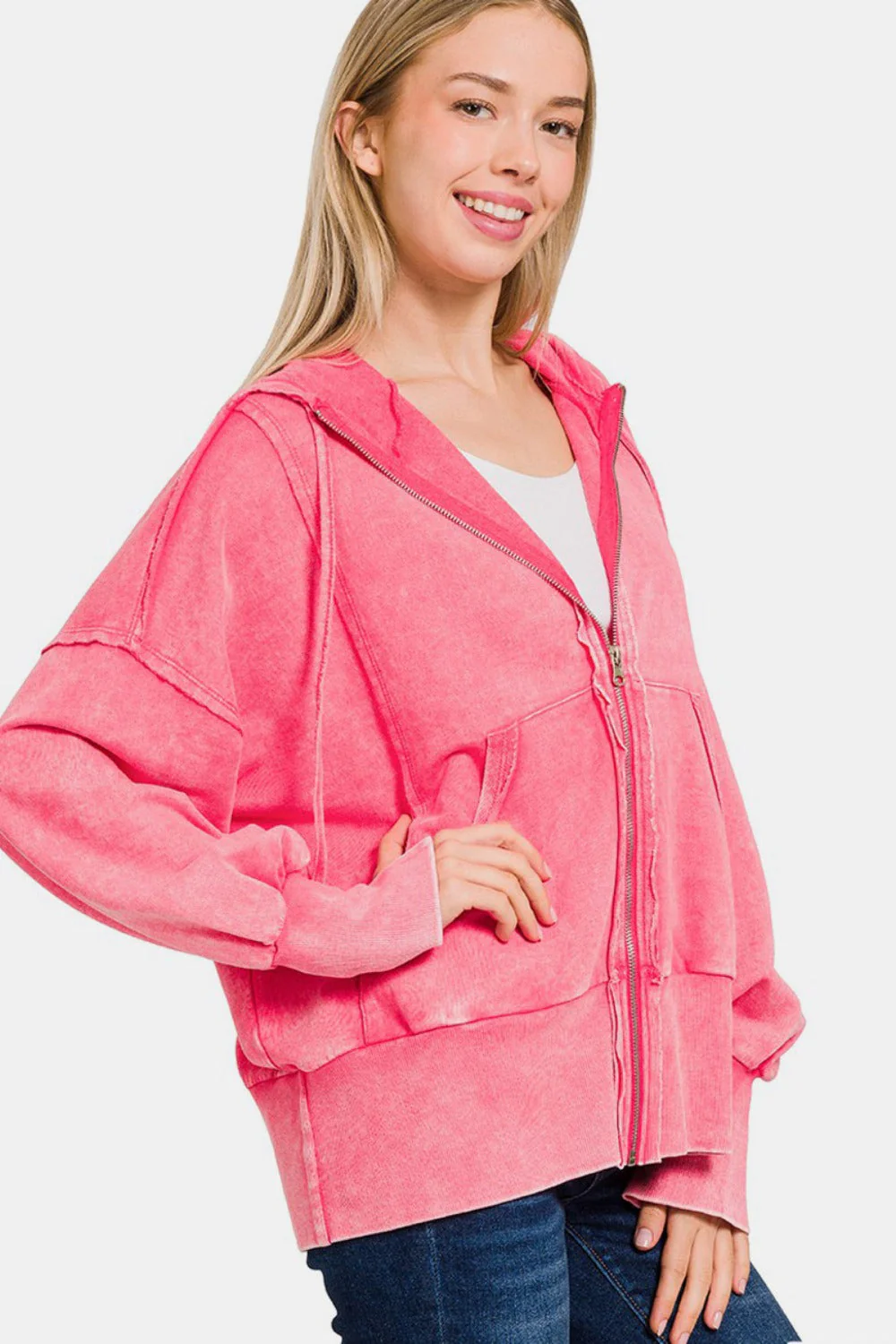 Raquel | Acid-washed French terry zip-up hoodie with pockets - Image 2