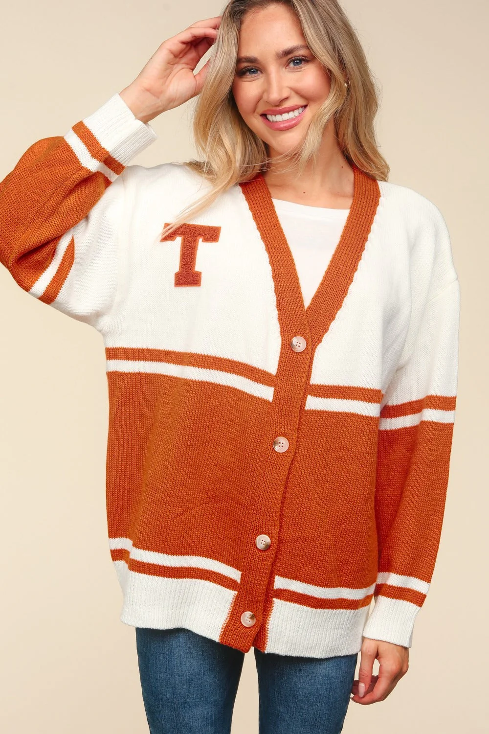 Raquel | Haptics full size cardigan with V-neck, button placket and letter patch - Image 5