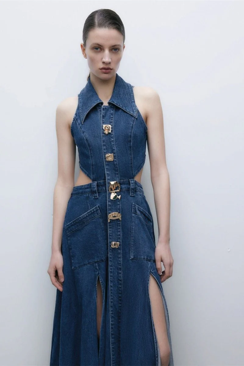Raquel® | Maxi Denim Dress With Lapel Collar And Cut-Outs - Image 4