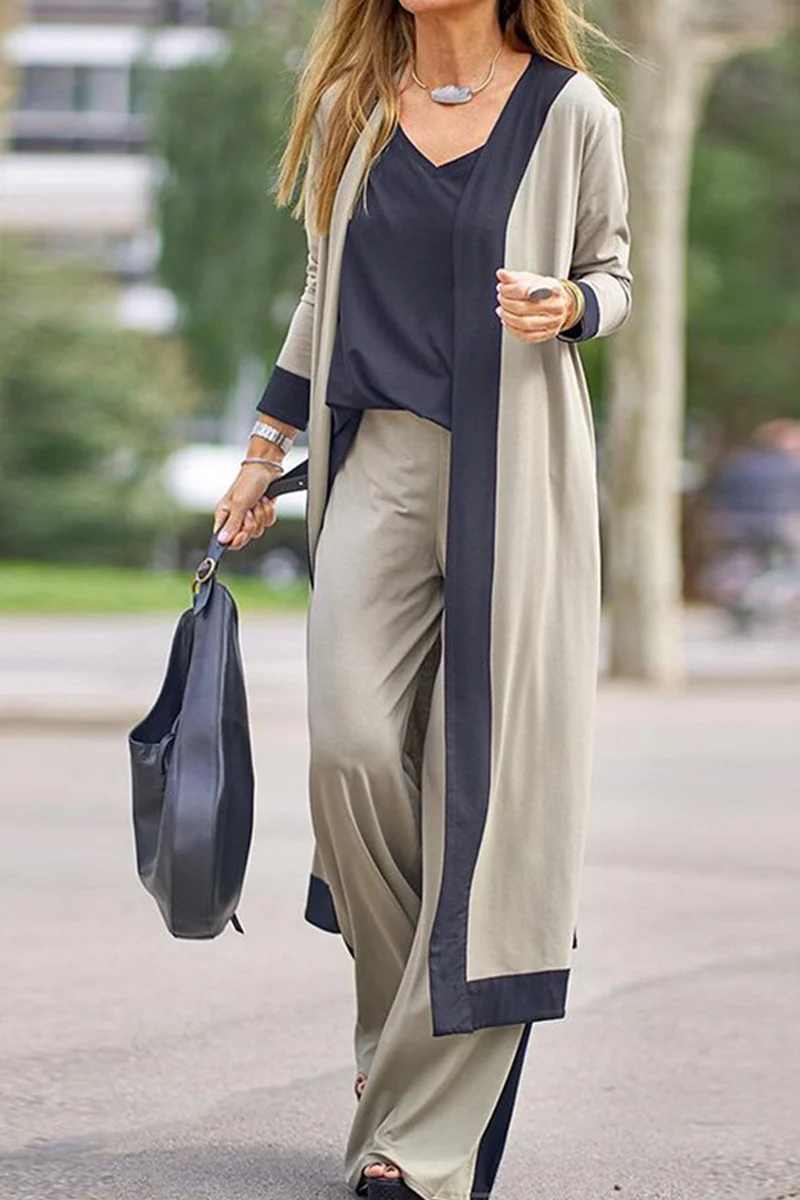 Reina | Casual elegant patchwork contrast V-neck long sleeve three piece suit - Image 2
