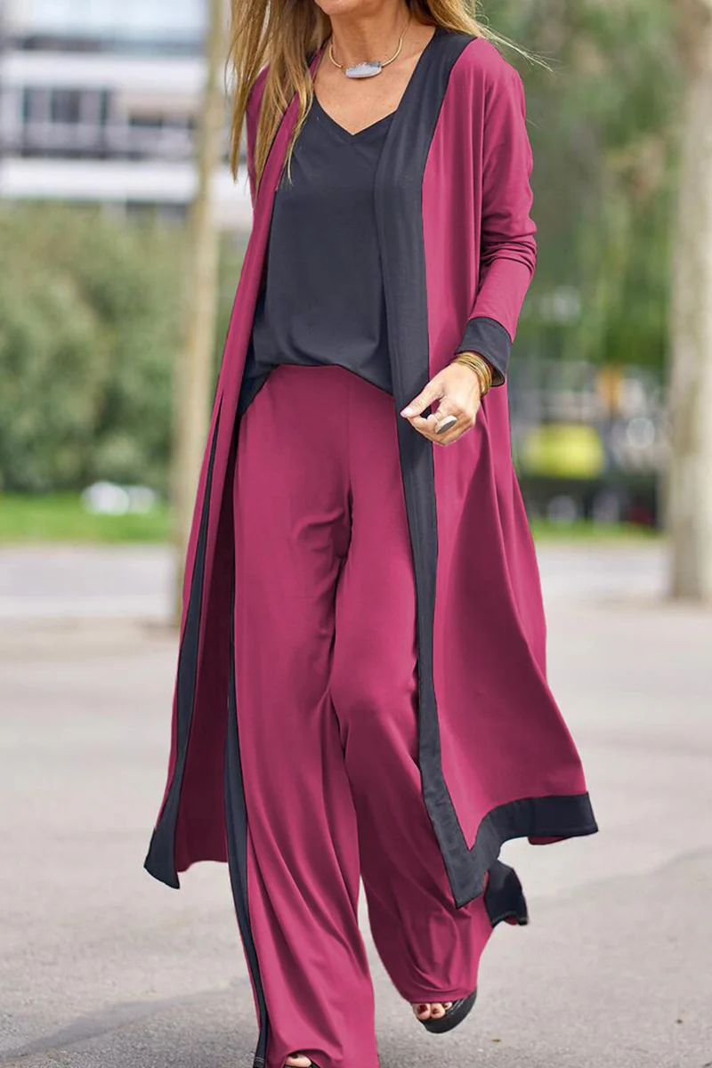 Reina | Casual elegant patchwork contrast V-neck long sleeve three piece suit - Image 3