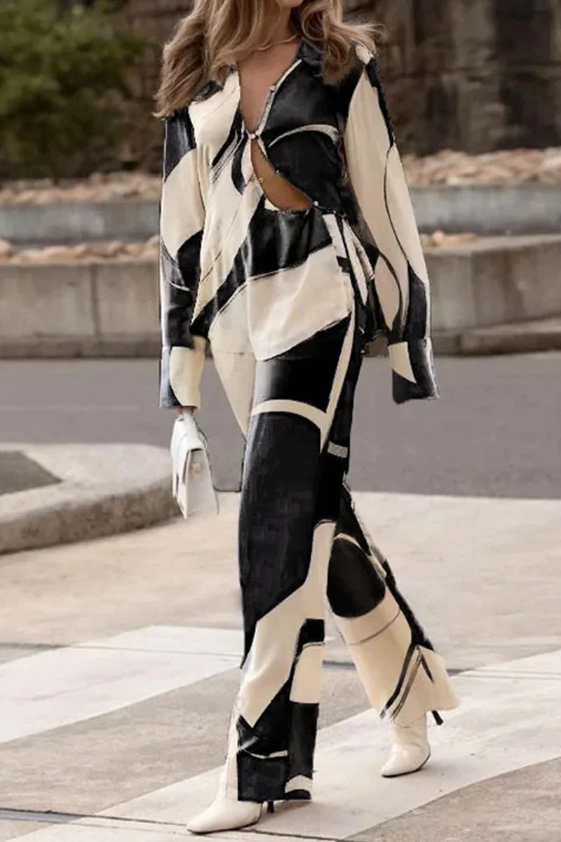 Reina | Casual geometric asymmetrical print, turn-down collar, long sleeves, two-piece - Image 3
