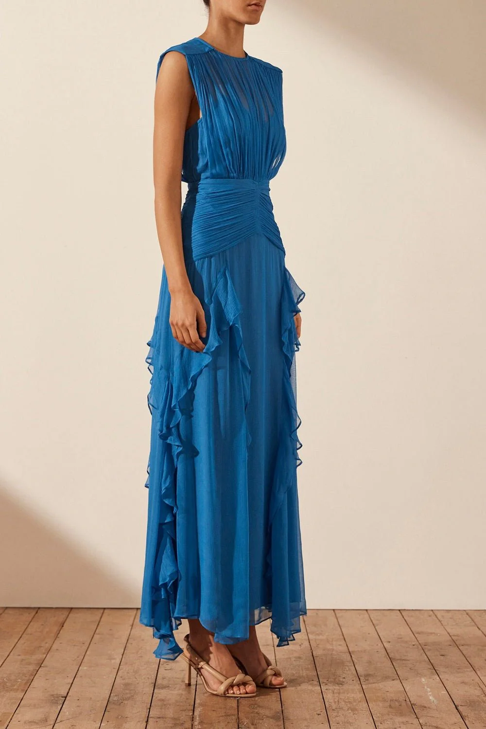 Reina® | Pleated Round Neck Maxi Dress With Ruffles - Image 2