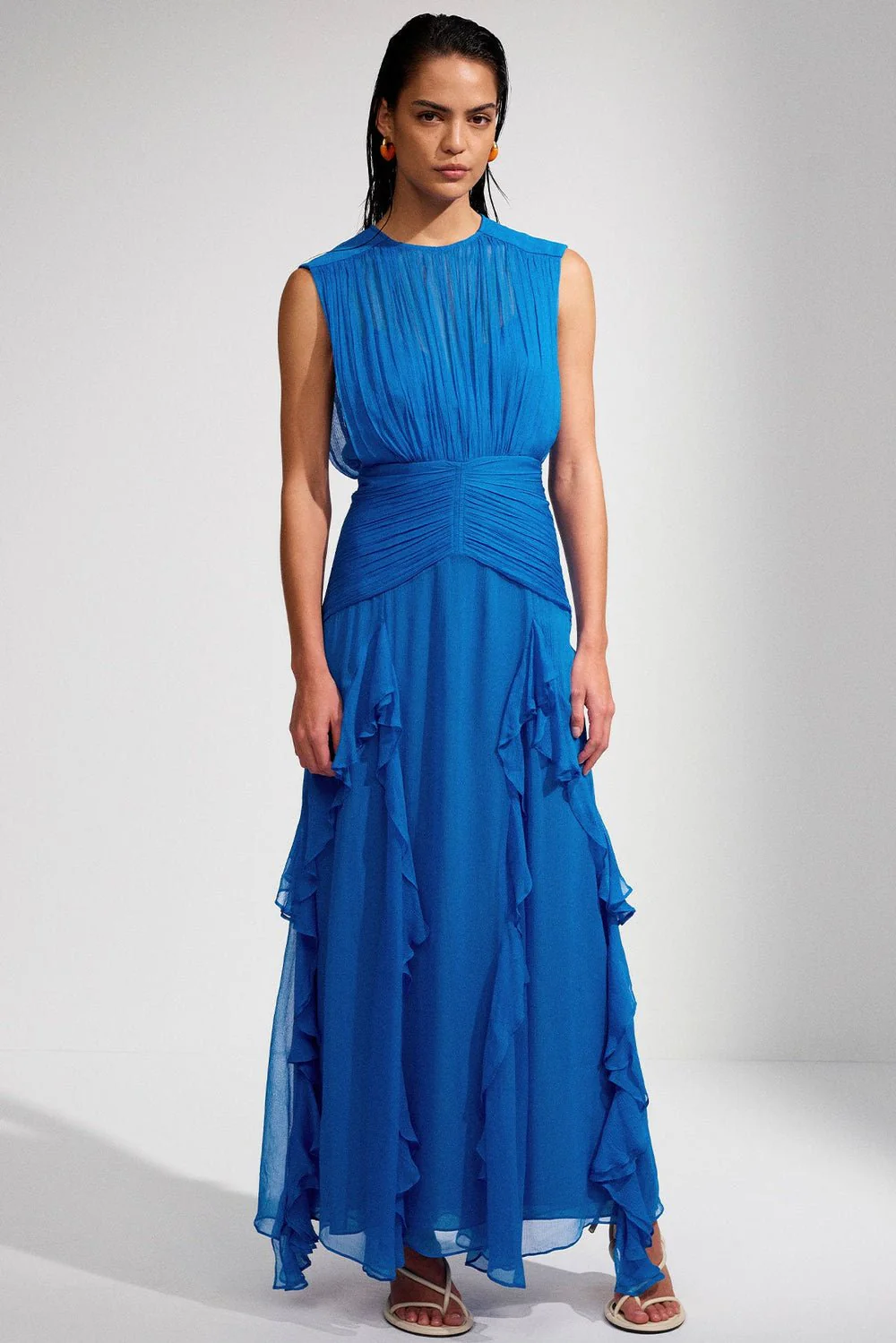 Reina® | Pleated Round Neck Maxi Dress With Ruffles - Image 5