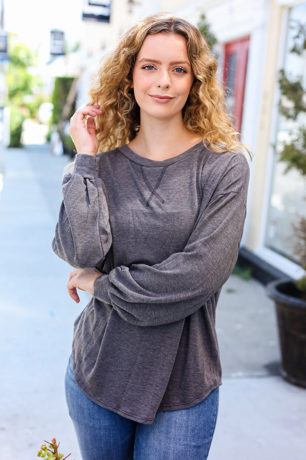 Renata | Long-sleeved pullover top in charcoal-colored French terry for every day - Image 3