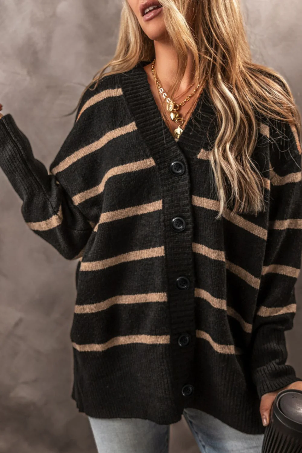 Renata | Striped, long-sleeved cardigan with button placket - Image 4