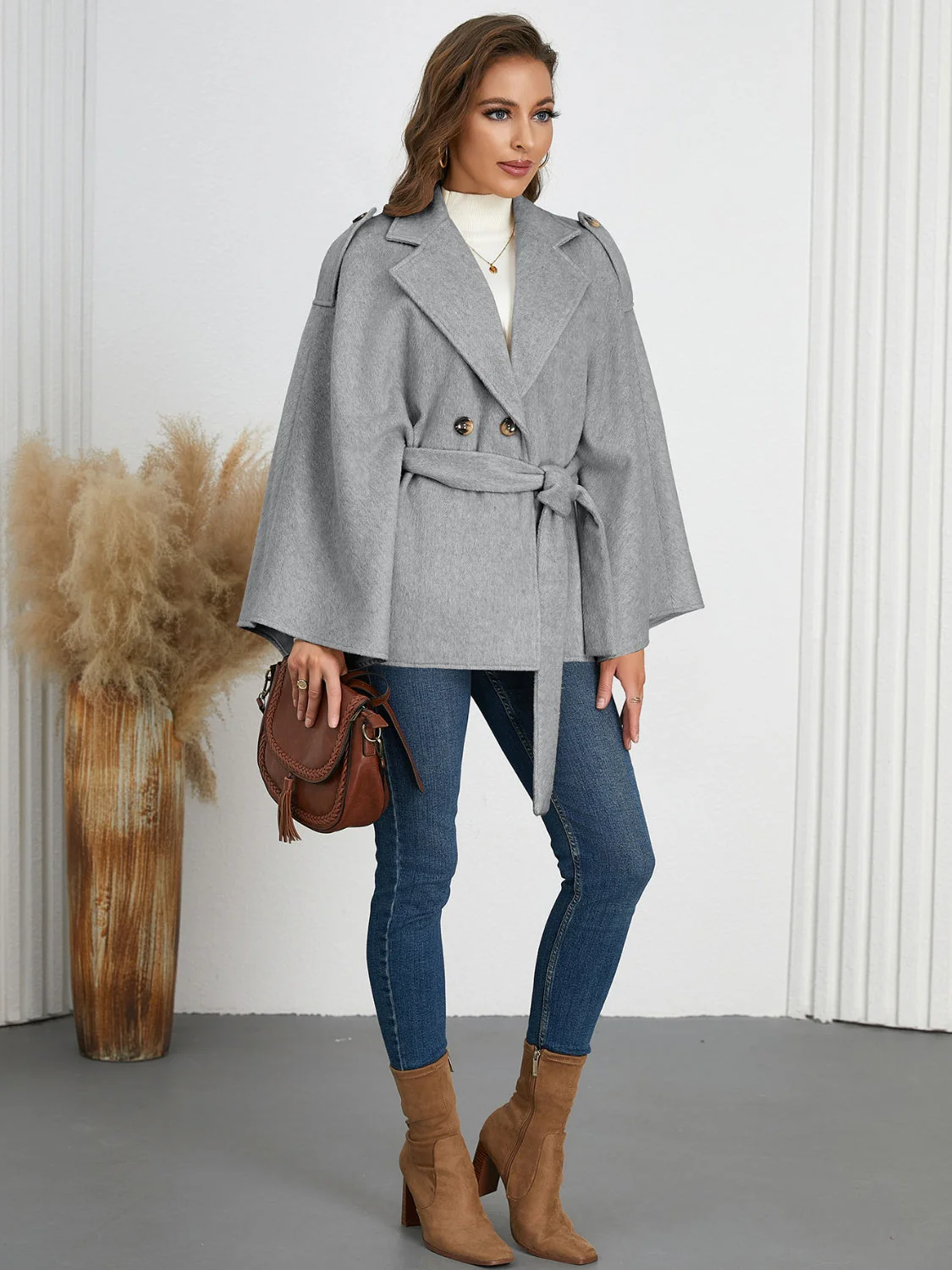 Rita | Double-breasted poncho with tie belt - Image 3