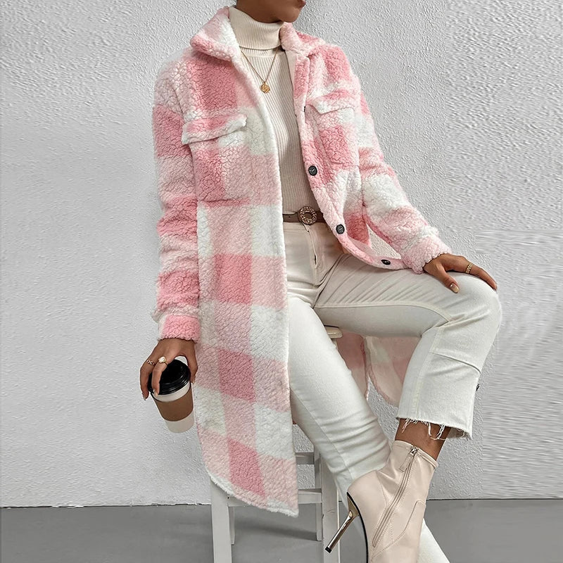 Rita | Long casual checked lambswool jacket for women - Image 10