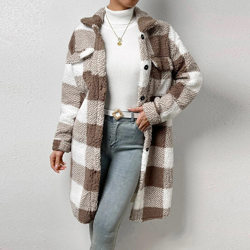 Rita | Long casual checked lambswool jacket for women - Image 11