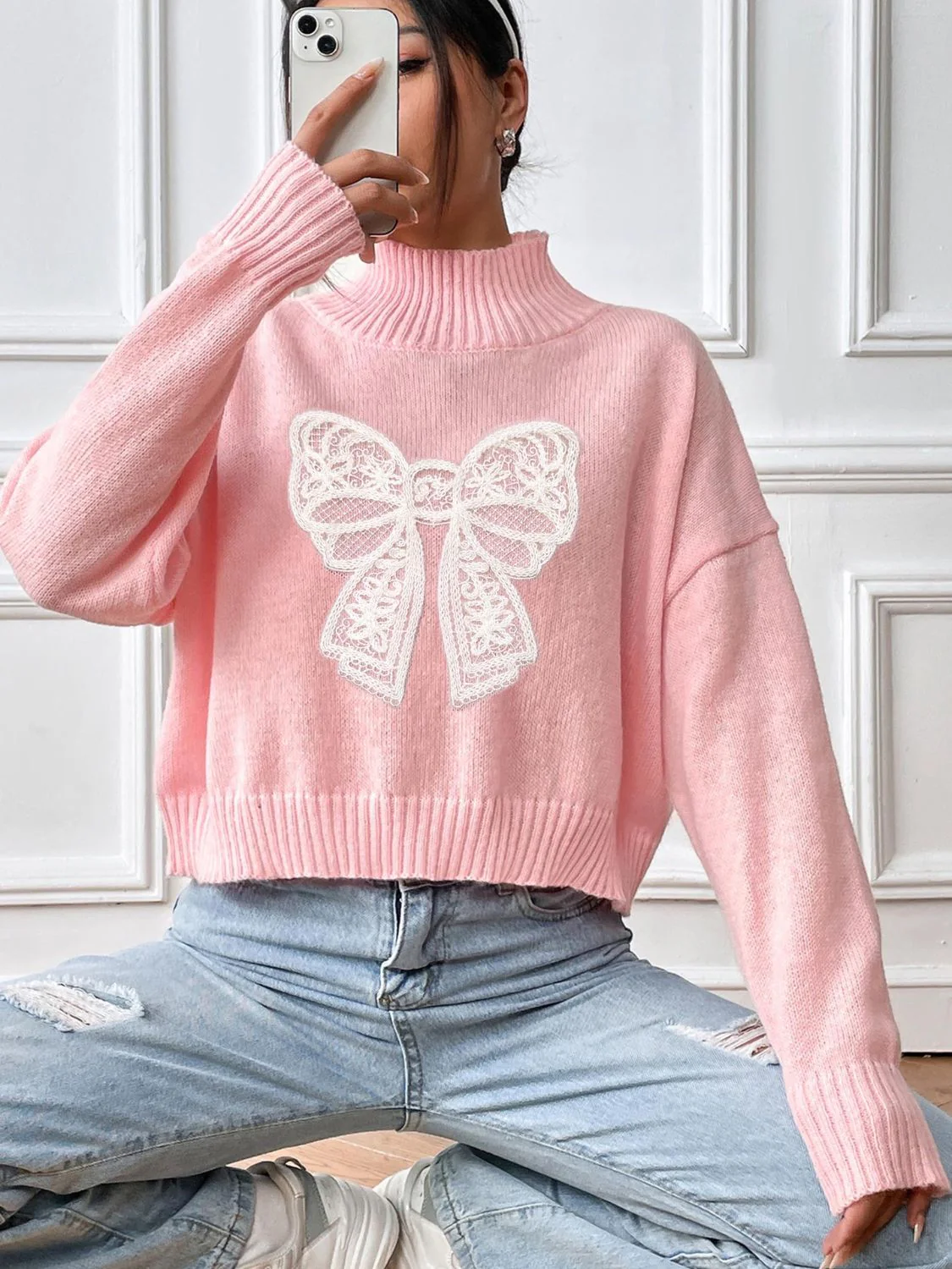 Rita | Turtleneck sweater with bow and long sleeves - Image 8