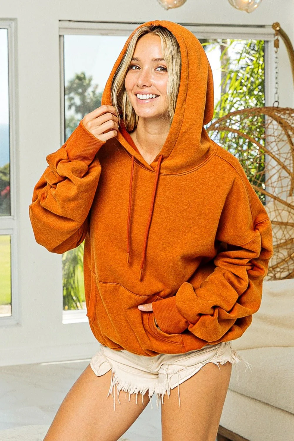 Rocio | Gathered, long-sleeved hoodie made from washed fleece