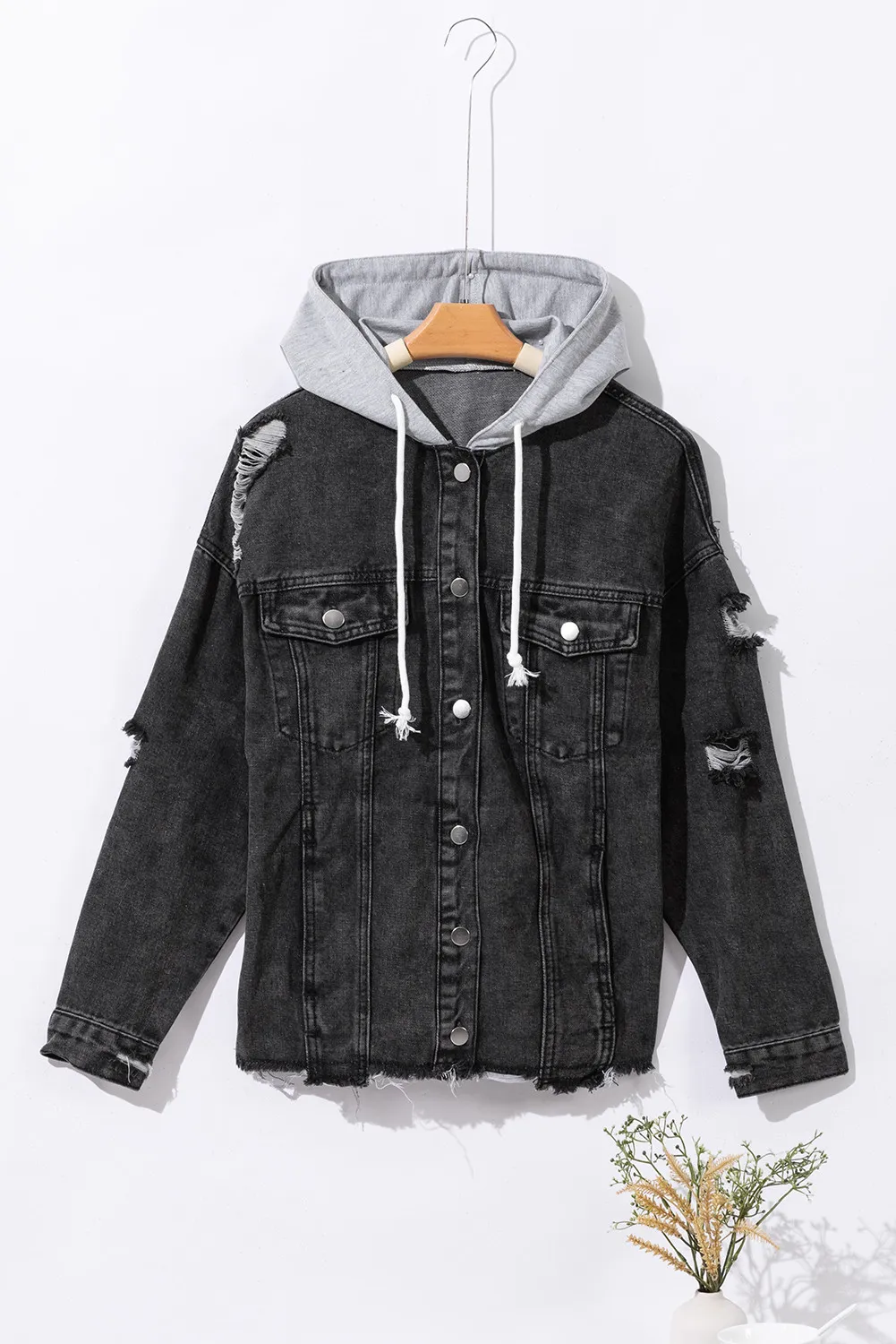 Rocio | Long sleeve denim jacket with hood and drawstring in a distressed look - Image 2