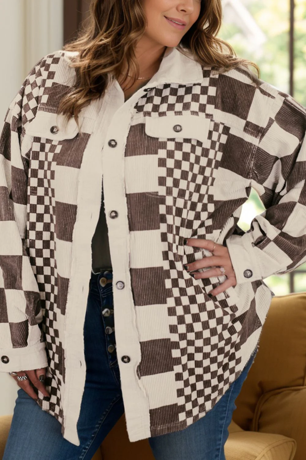 Romy | Oversized checked button down long sleeve jacket