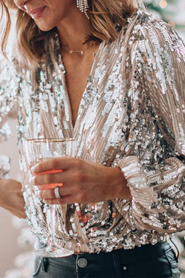 Rosalía® | Women'S Blouse With Sequins V-Neck And Balloon Sleeves - Image 2
