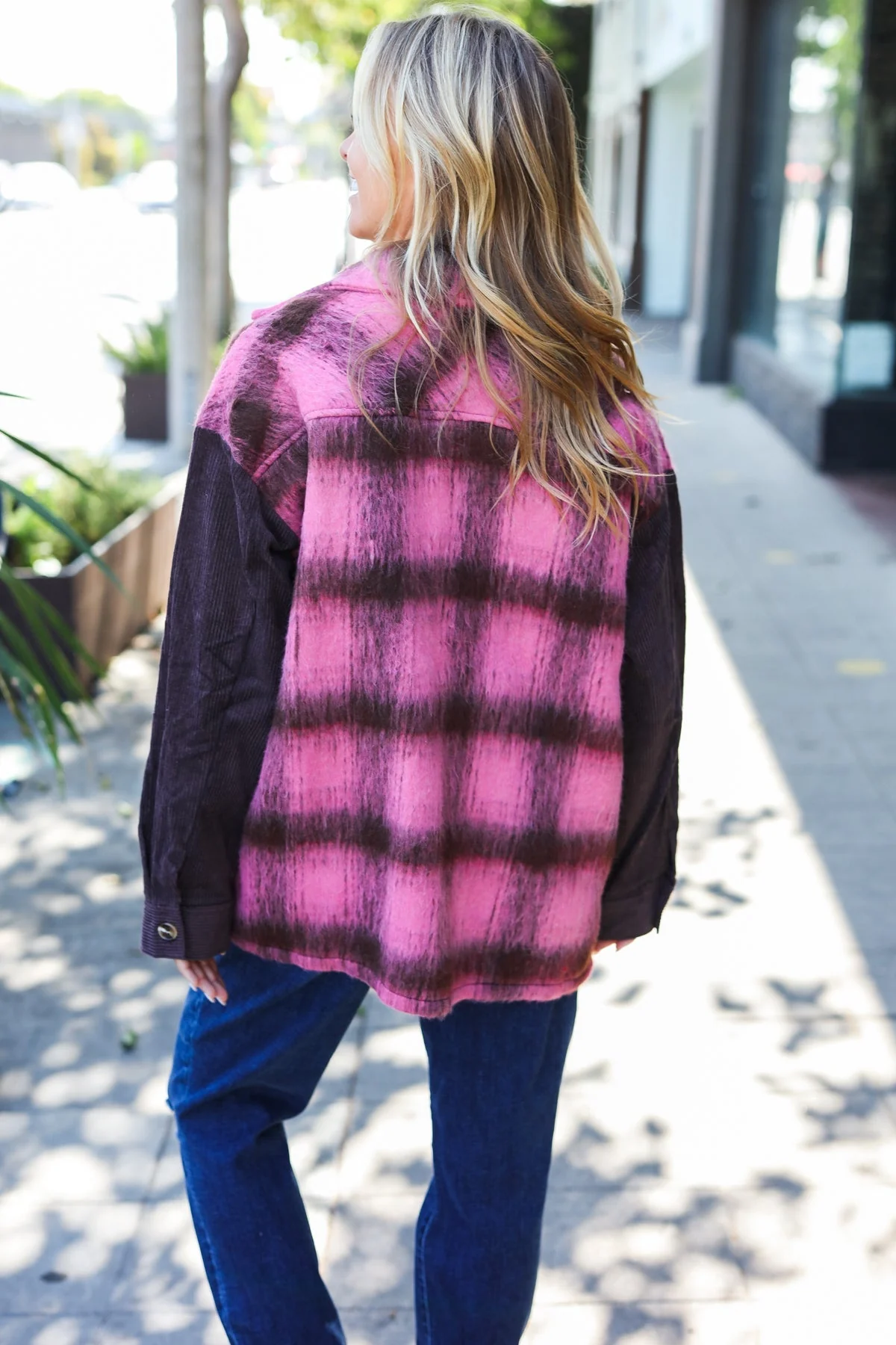Salomé | Spread Joy pink and brown checked corduroy fuzzy jacket with button placket - Image 2