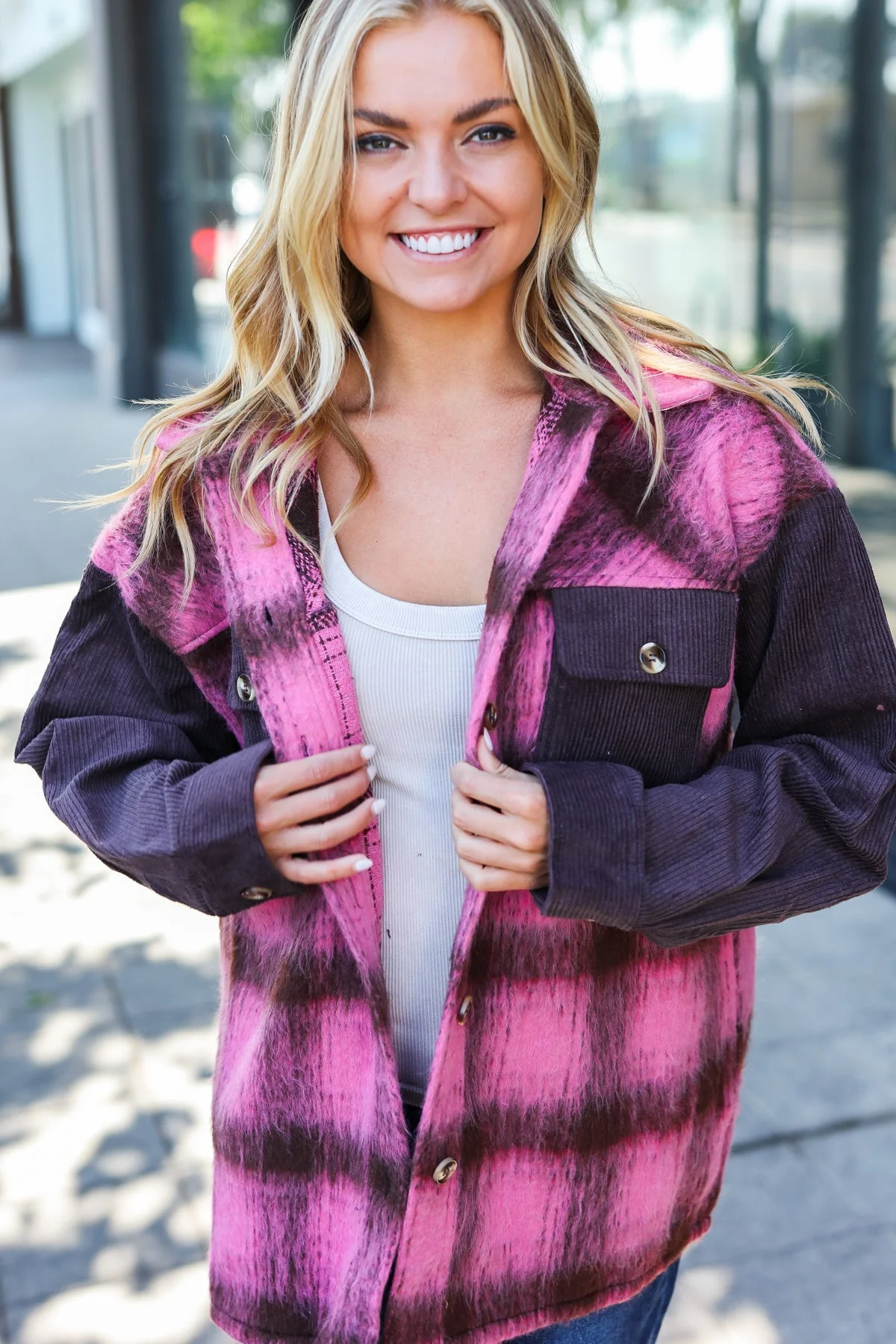 Salomé | Spread Joy pink and brown checked corduroy fuzzy jacket with button placket - Image 5