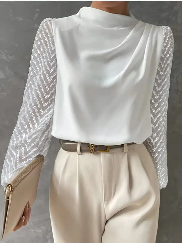 Samanta® | Blouse With Illusion Sleeves And Ruched Mocha Neckline
