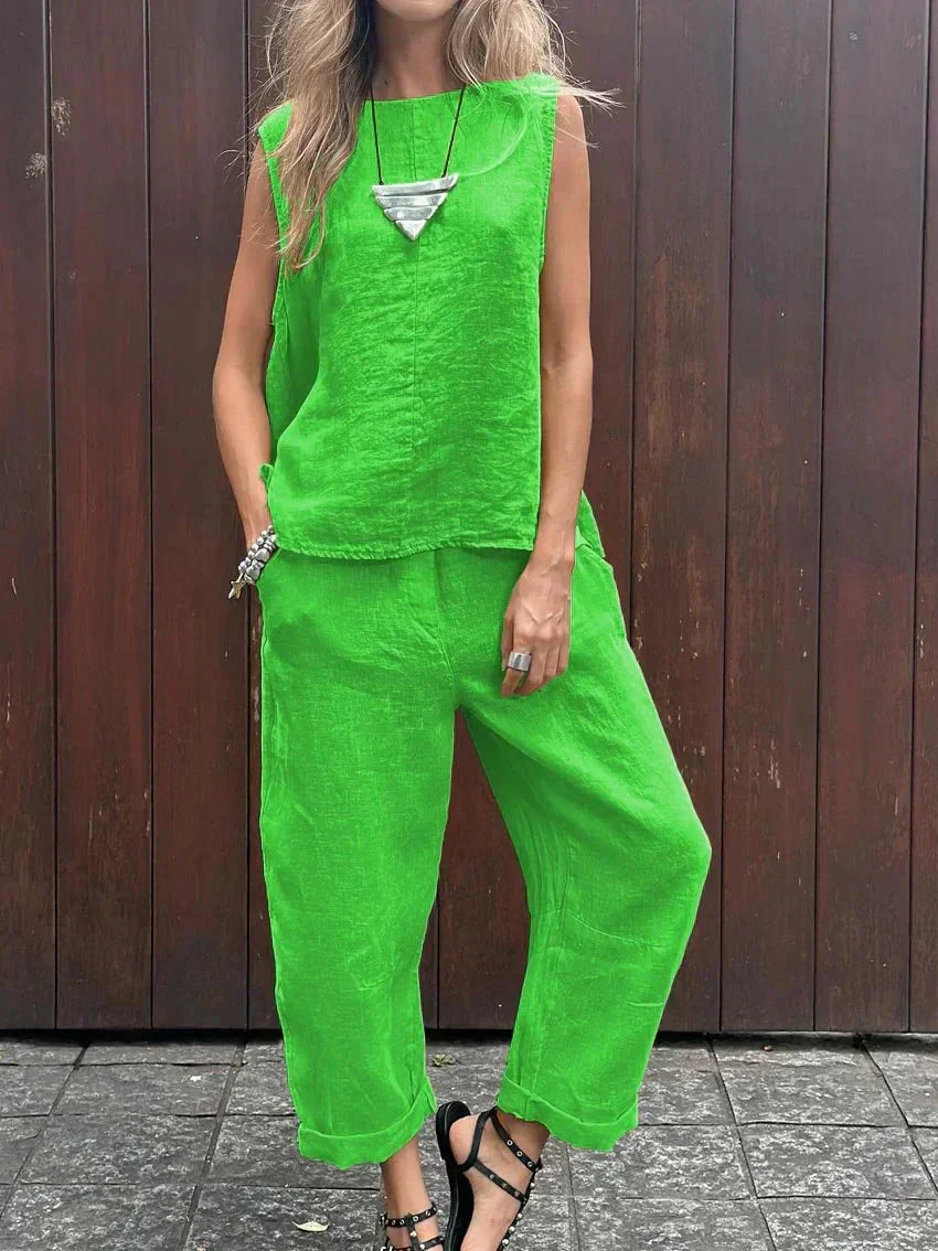 Samantha® | Casual Sleeveless Cotton And Linen Top And Pants Set - Image 4