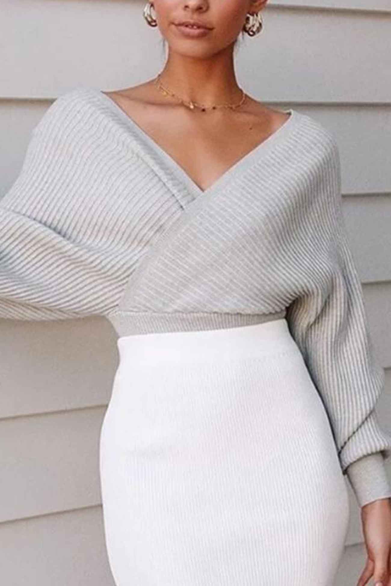 Sandra | Solid color crossover knit sweater with long sleeves - Image 6