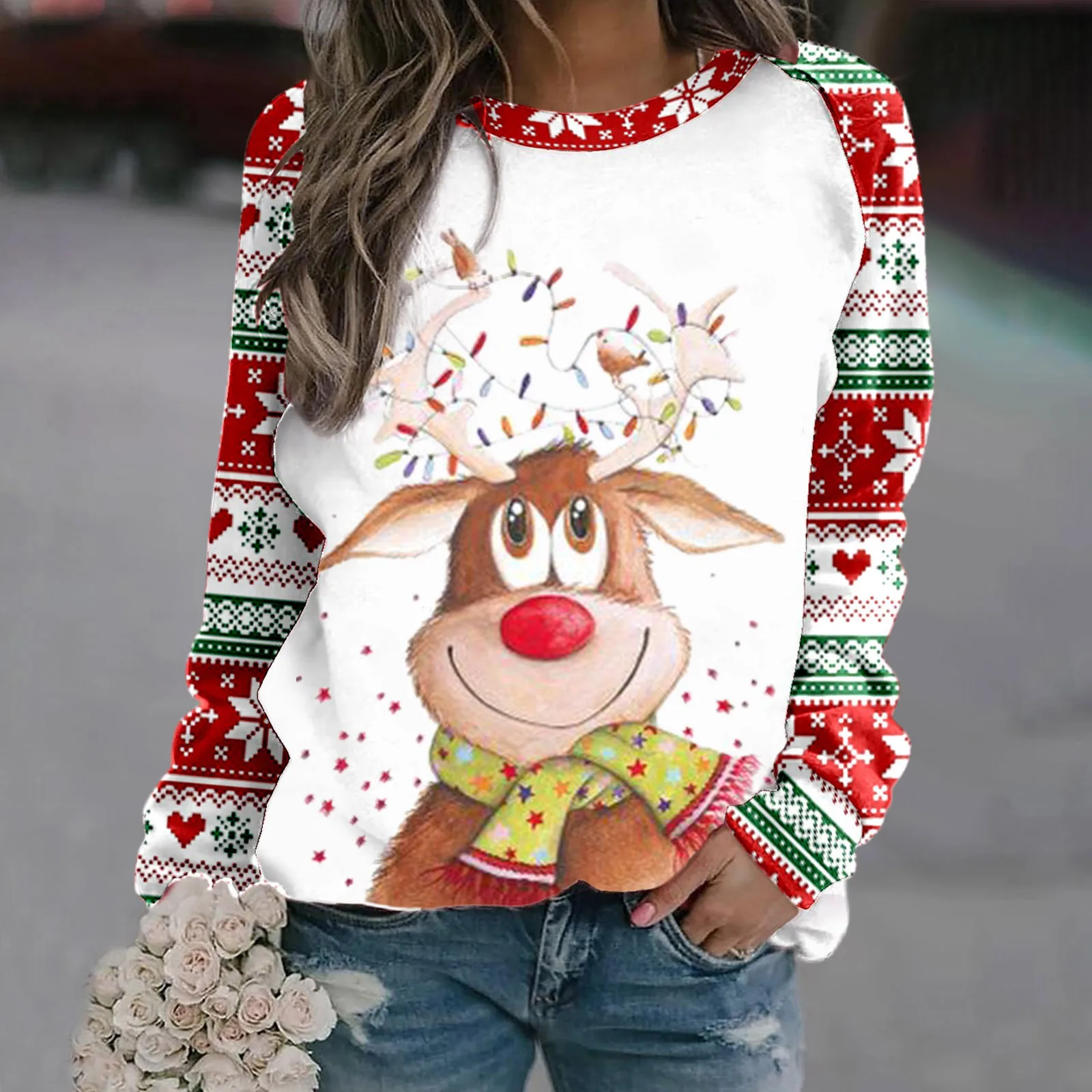 Sara | Warm 3D printed Christmas reindeer crew neck sweater for women