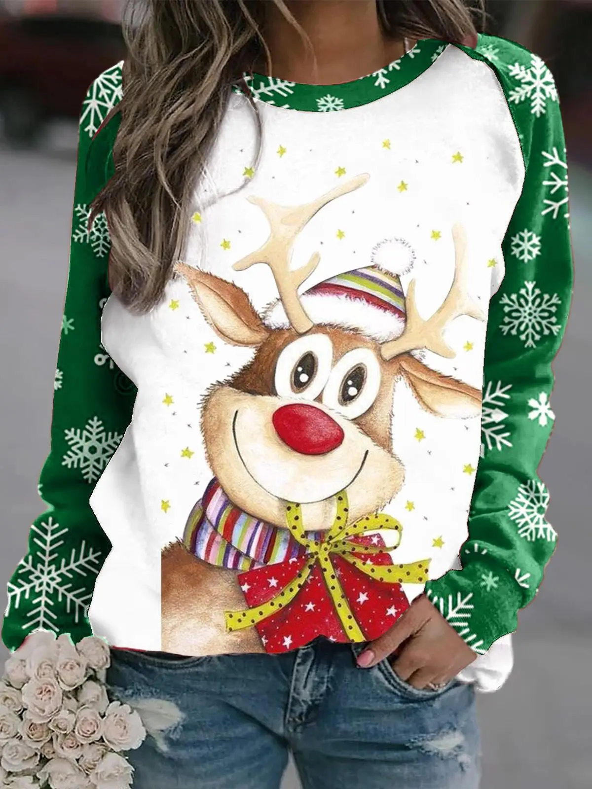 Sara | Warm 3D printed Christmas reindeer crew neck sweater for women - Image 10
