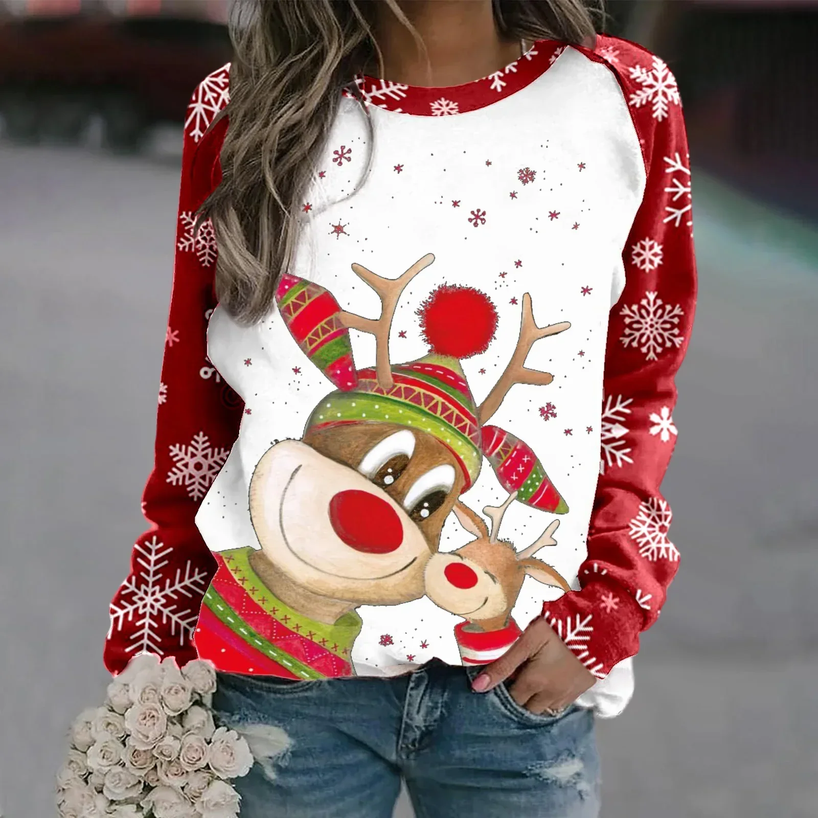 Sara | Warm 3D printed Christmas reindeer crew neck sweater for women - Image 11