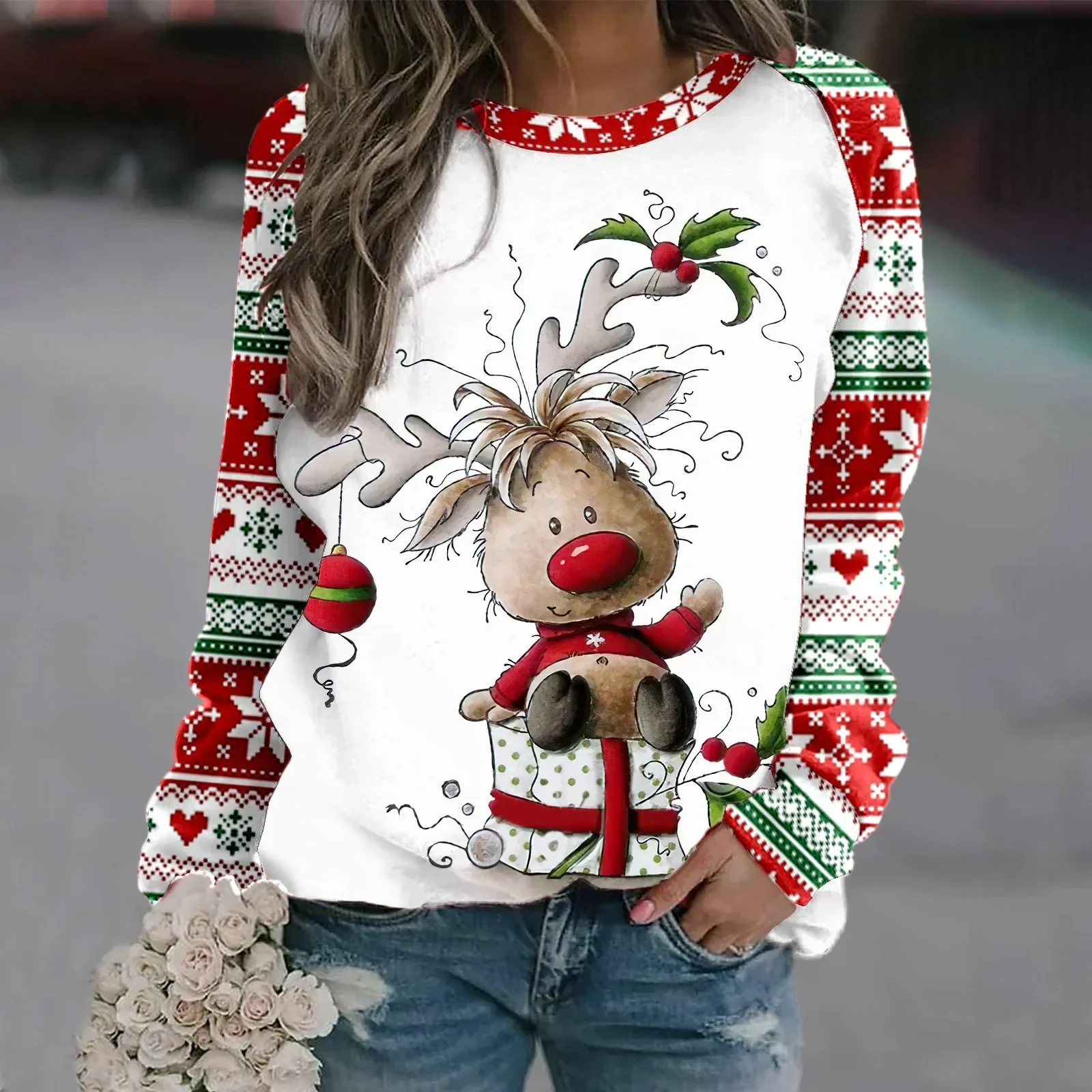 Sara | Warm 3D printed Christmas reindeer crew neck sweater for women - Image 12