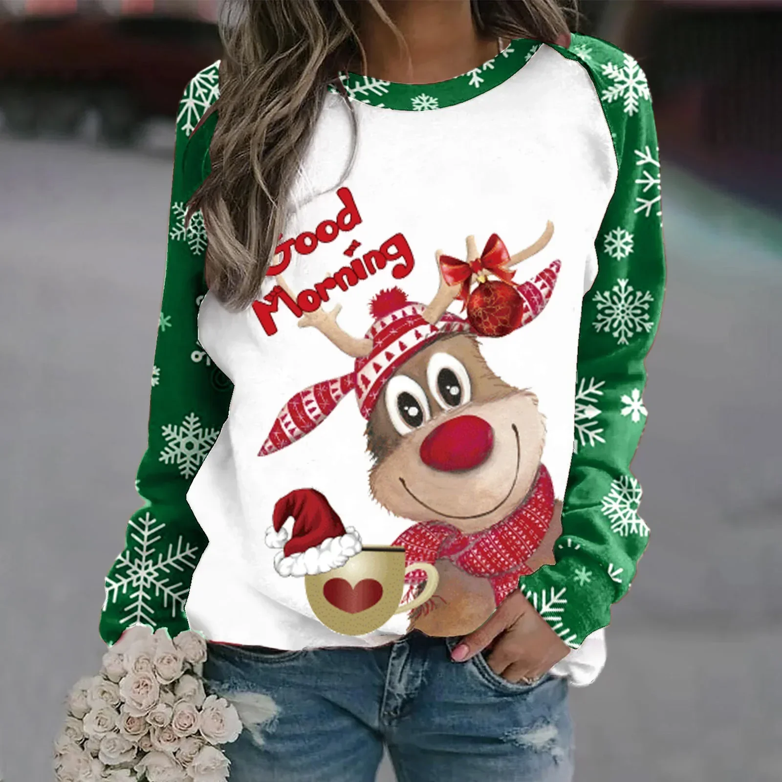 Sara | Warm 3D printed Christmas reindeer crew neck sweater for women - Image 13