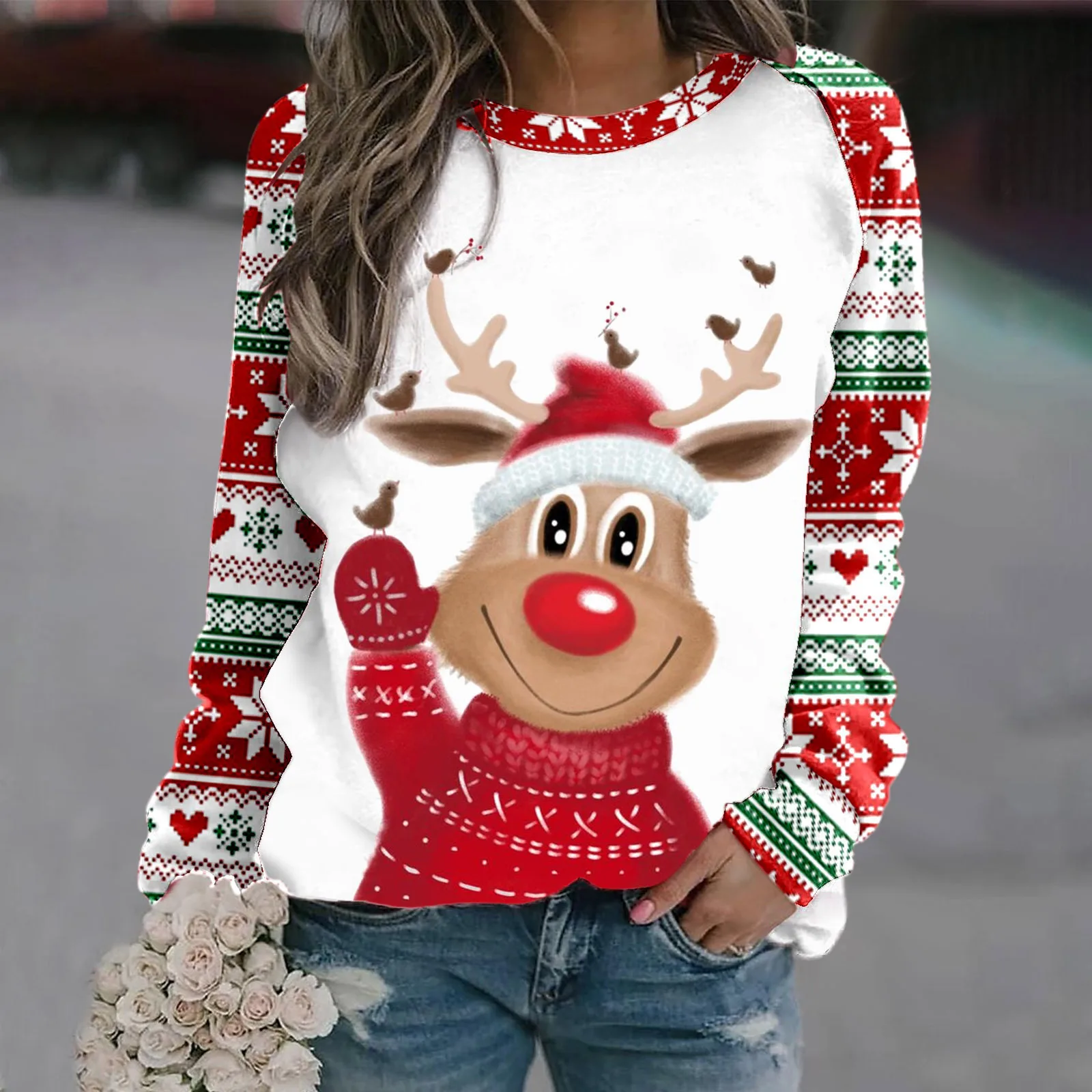 Sara | Warm 3D printed Christmas reindeer crew neck sweater for women - Image 14