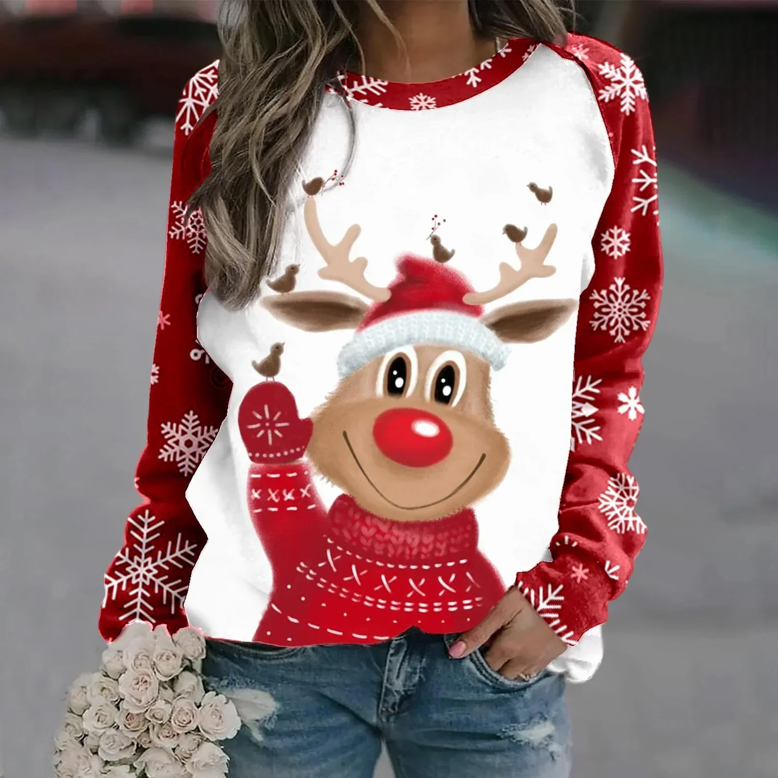Sara | Warm 3D printed Christmas reindeer crew neck sweater for women - Image 15